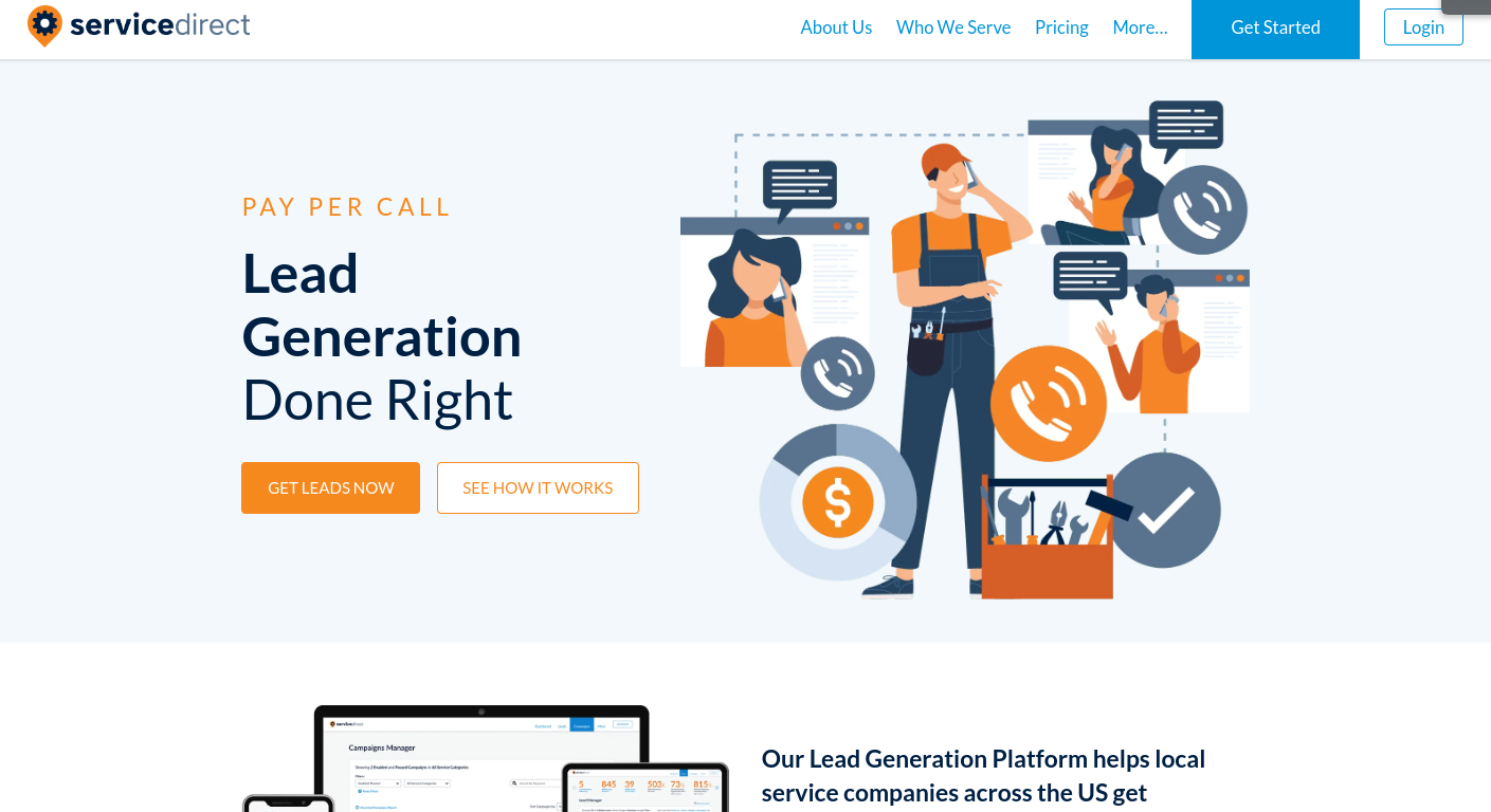 ```json
{
  "alt": "ServiceDirect lead generation platform illustration with people and business tools.",
  "caption": "Boost your business with ServiceDirect's efficient lead generation platform, ensuring you connect with the right clients every time.",
  "description": "The image showcases ServiceDirect's lead generation platform with an illustration of individuals using various analytics and communication tools. The text 'Lead Generation Done Right' emphasizes the efficient process, supported by graphics of charts, messages, and symbols like phones and dollar signs. This visually represents ServiceDirect’s commitment to helping businesses generate leads effectively. Keywords: lead generation, business tools, ServiceDirect."
}
```