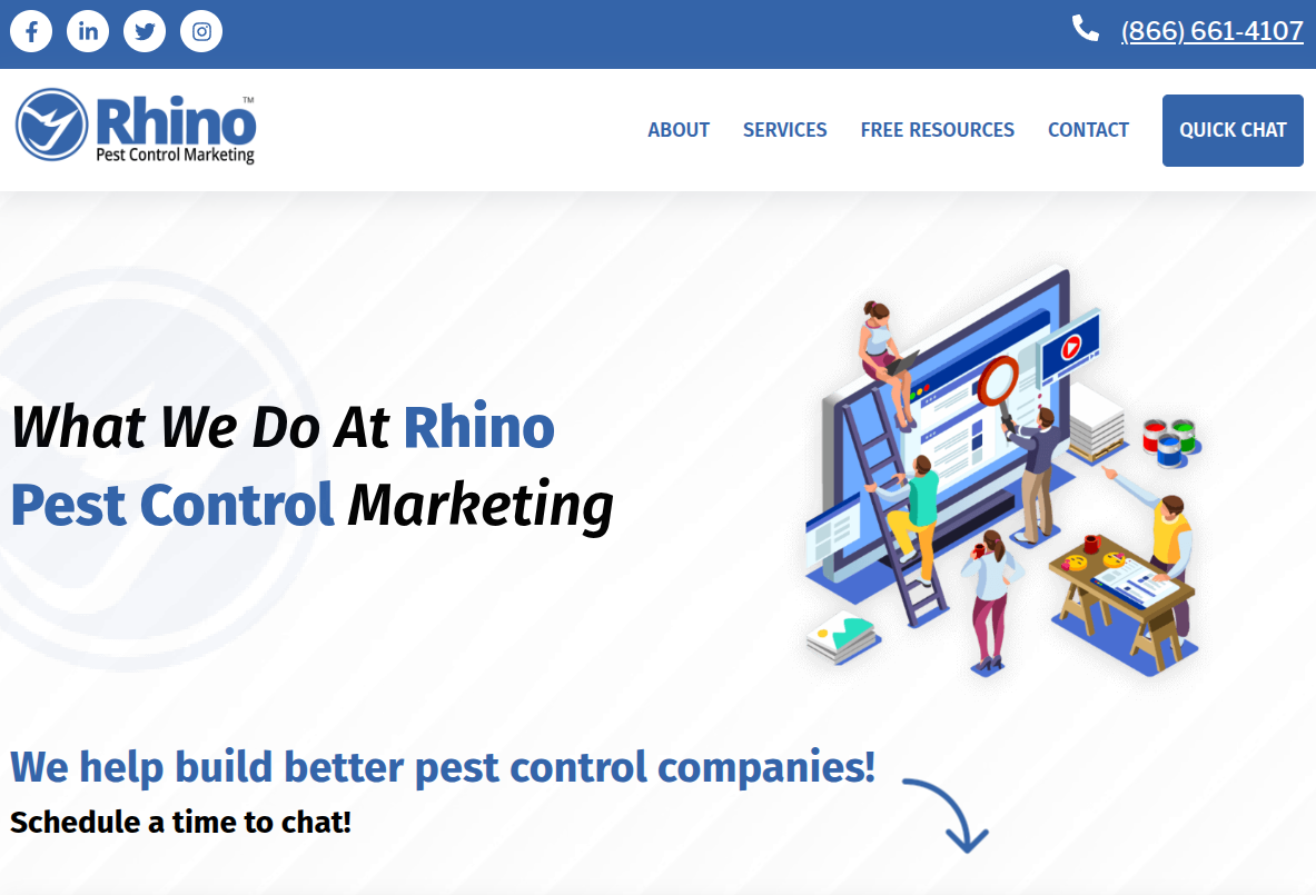 ```json
{
  "alt": "Digital marketing illustration on Rhino Pest Control Marketing website promoting services for pest control companies.",
  "caption": "Discover how Rhino Pest Control Marketing helps grow your pest control business with expert digital strategies. Let’s build a better future together!",
  "description": "This image shows Rhino Pest Control Marketing's webpage featuring an illustration of people collaborating on digital marketing tasks around a large computer screen. The top navigation includes links to About, Services, Free Resources, and Contact. The message emphasizes helping pest control companies improve through marketing strategies. The image is designed to be engaging and informative, featuring vibrant colors and teamwork-oriented visuals."
}
```