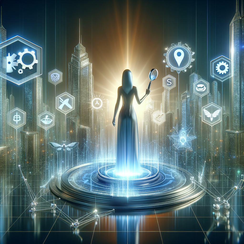 ```json
{
"alt": "Silhouetted woman in futuristic city with digital icons hovering around her.",
"caption": "In the heart of a digital city, a mysterious woman uncovers layers of technology and data. What secrets do the glowing icons hold?",
"description": "This image features a silhouetted woman standing on a digital platform in a futuristic cityscape. She holds a magnifying glass, surrounded by holographic icons representing various technological elements such as gears, location, and settings. The scene is illuminated with a warm glow, creating a blend of high-tech and mystical ambiance. Perfect for concepts related to technology, innovation, and the future of urban living."
}
```