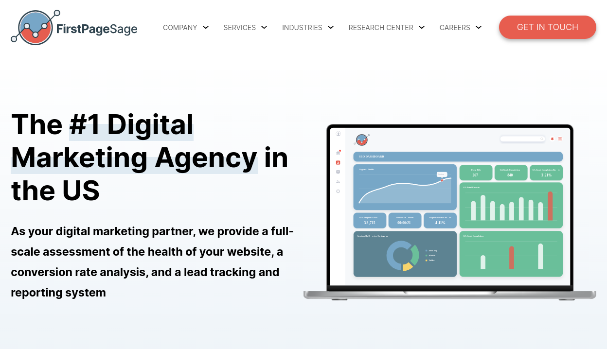 ```json
{
"alt": "FirstPageSage homepage featuring digital marketing dashboard on a laptop screen.",
"caption": "Discover the power of digital marketing with FirstPageSage, the leading agency in the US. Our comprehensive SEO tools displayed on a sleek laptop are designed to elevate your online presence.",
"description": "The image showcases the FirstPageSage website homepage, highlighting their status as the #1 Digital Marketing Agency in the US. The page features a digital marketing dashboard on a laptop screen, with metrics and graphs illustrating SEO performance. The site's menu offers easy navigation to services, industries, and a research center. The prominent 'Get in Touch' button encourages user interaction. Keywords: digital marketing, SEO, online presence, analytics, FirstPageSage."
}
```