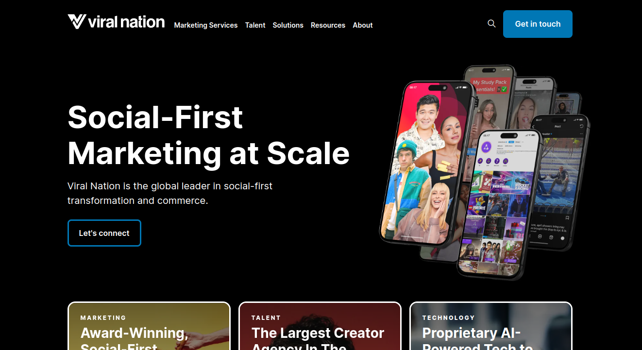 ```json
{
  "alt": "Viral Nation homepage featuring social-first marketing and app screen previews.",
  "caption": "Explore Viral Nation's expertise in social-first marketing, showcased through dynamic app previews highlighting their innovative approach.",
  "description": "The homepage of Viral Nation emphasizes its leadership in social-first marketing. The design prominently features a section with various smartphone screen previews displaying diverse app interfaces, symbolizing the company's comprehensive digital strategies. The page also highlights key services and offers options to connect, reflecting a modern, visually appealing approach to digital marketing."
}
```