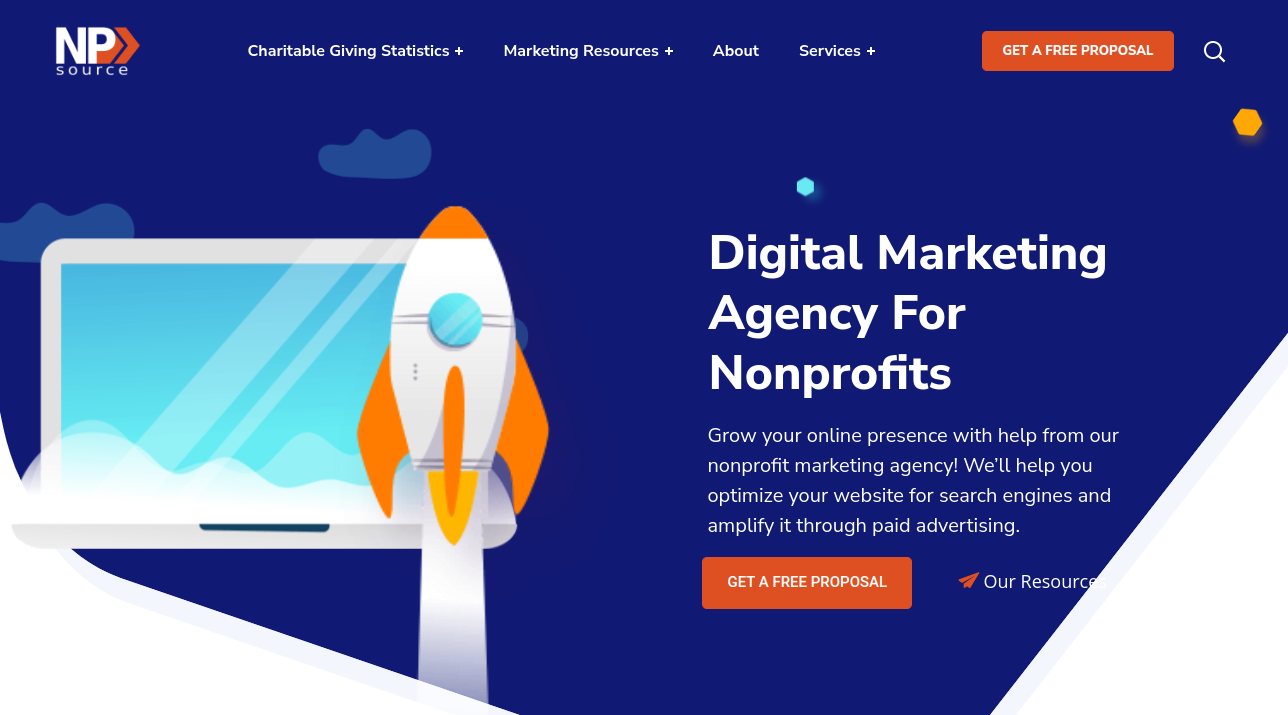 ```json
{
"alt": "Digital marketing agency for nonprofits with rocket illustration next to computer screen.",
"caption": "Launch your nonprofit's digital presence with expert marketing strategies tailored for success. Get your free proposal today!",
"description": "This image features a digital marketing agency's website banner aimed at nonprofits. The graphic includes a rocket launching beside a computer screen on a blue background, symbolizing growth and innovation. Text on the right side highlights the agency's offer to optimize online presence and search engine visibility for nonprofits, with a call to action button for a free proposal. The design is modern and inviting, appealing to organizations looking to enhance their digital strategy."
}
```