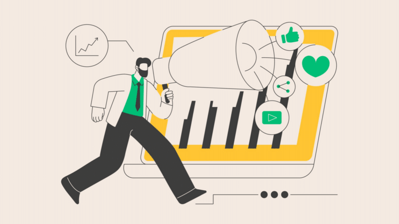 ```json
{
  "alt": "Illustration of a person with a megaphone running in front of a laptop with social media icons.",
  "caption": "Harnessing the power of social media: a bold communicator strides forward to amplify messages across various platforms.",
  "description": "This illustration features a person holding a megaphone, symbolizing communication and marketing, running in front of a laptop screen displaying a bar chart. Surrounding the megaphone are icons representing social media engagement, such as likes, shares, and media play buttons. The image is a metaphor for digital marketing strategies and audience engagement. Keywords: illustration, social media, marketing, communication, digital marketing, engagement."
}
```