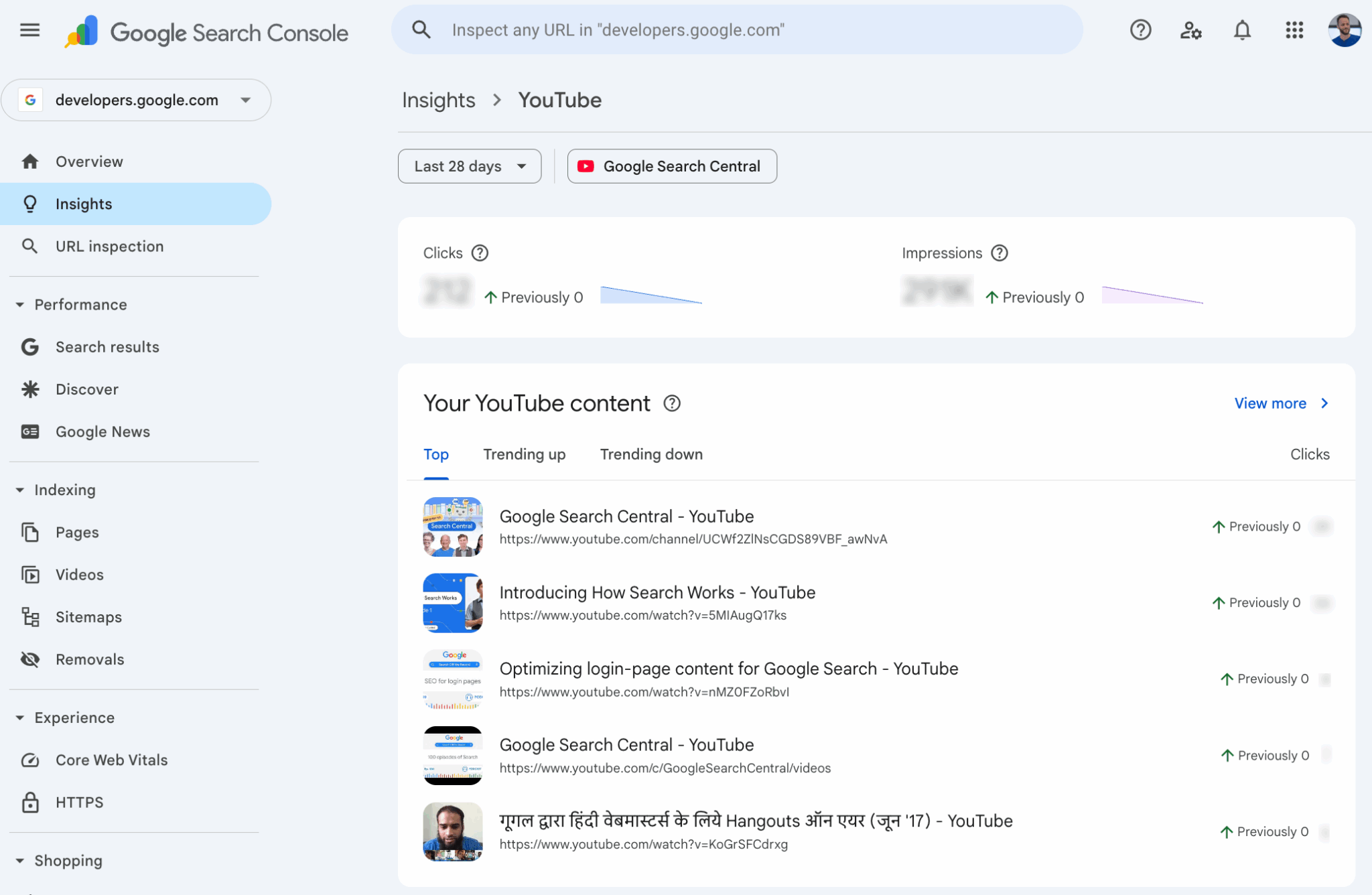 ```json
{
"alt": "Screenshot of Google Search Console Insights page showing YouTube content performance.",
"caption": "Explore the YouTube content performance insights from the Google Search Console, highlighting trending videos and user interactions over the past 28 days.",
"description": "This image is a screenshot of the Google Search Console Insights page, specifically showing YouTube content performance. It includes metrics such as clicks and impressions for YouTube videos over the last 28 days. The interface displays trending YouTube content, with videos listed under categories like Top and Trending. Navigation options are visible on the left, featuring sections like URL Inspection and Performance. This tool provides helpful data for analyzing and optimizing video content reach and engagement."
}
```