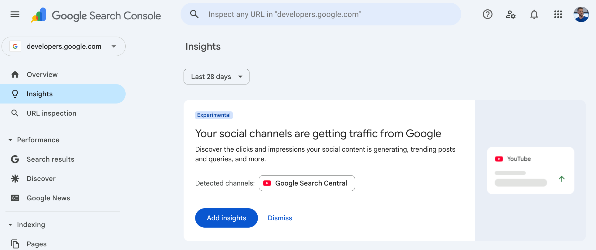 ```json
{
"alt": "Google Search Console Insights page displaying social channel data.",
"caption": "Explore how your social media channels are driving traffic with Google Search Console Insights — a powerful tool for tracking clicks and impressions.",
"description": "This image shows the Google Search Console Insights interface with a focus on social channels traffic. The left panel features navigation options, while the main area displays insights related to social media performance on Google Search Central. Options to add insights or dismiss are available, reflecting platform-driven analytics for webmasters seeking to track their digital presence effectively. Key terms: Google Search Console, social media analytics, web traffic insights."
}
```
