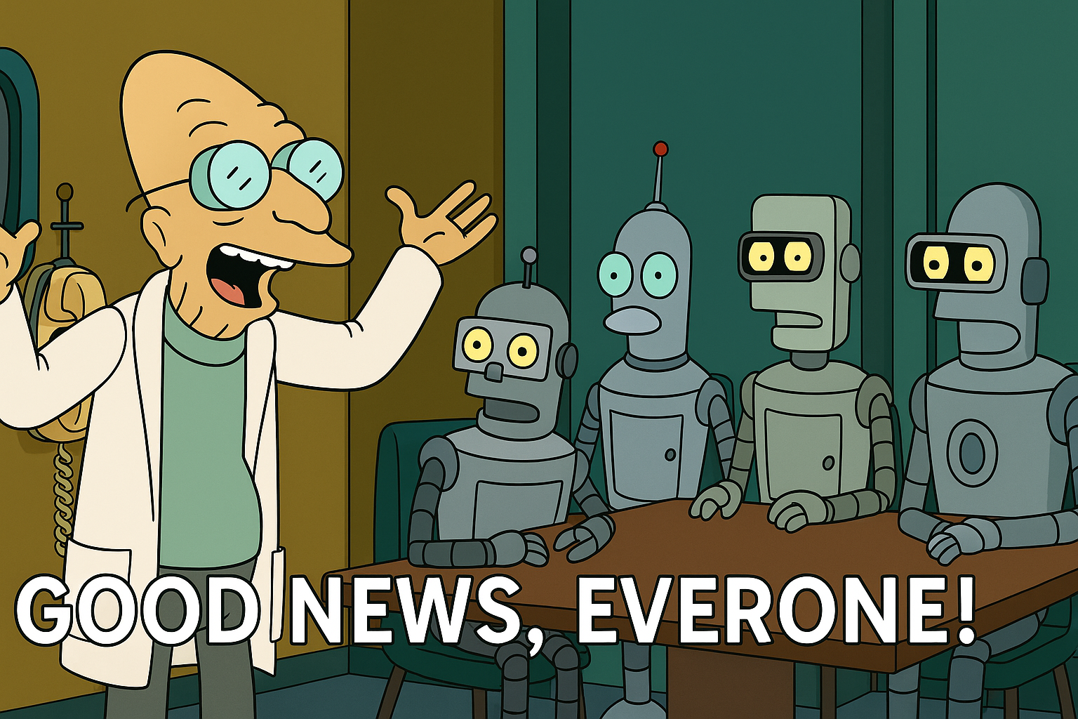 ```json
{
  "alt": "Animated scientist in lab coat enthusiastically addresses three robots seated at a table.",
  "caption": "Excitement fills the room as the animated professor shares thrilling news with a group of attentive robots.",
  "description": "A scene from an animated show where a bespectacled scientist in a white lab coat announces 'Good News, Everyone!' to three robots sitting at a table. The scientist's expressive gesture and the attentive robots create a humorous and lively atmosphere. This image captures a quintessential moment of excitement and surprise, ideal for themes of innovation and technology. Keywords: animated, scientist, robots, announcement, humorous."
}
```