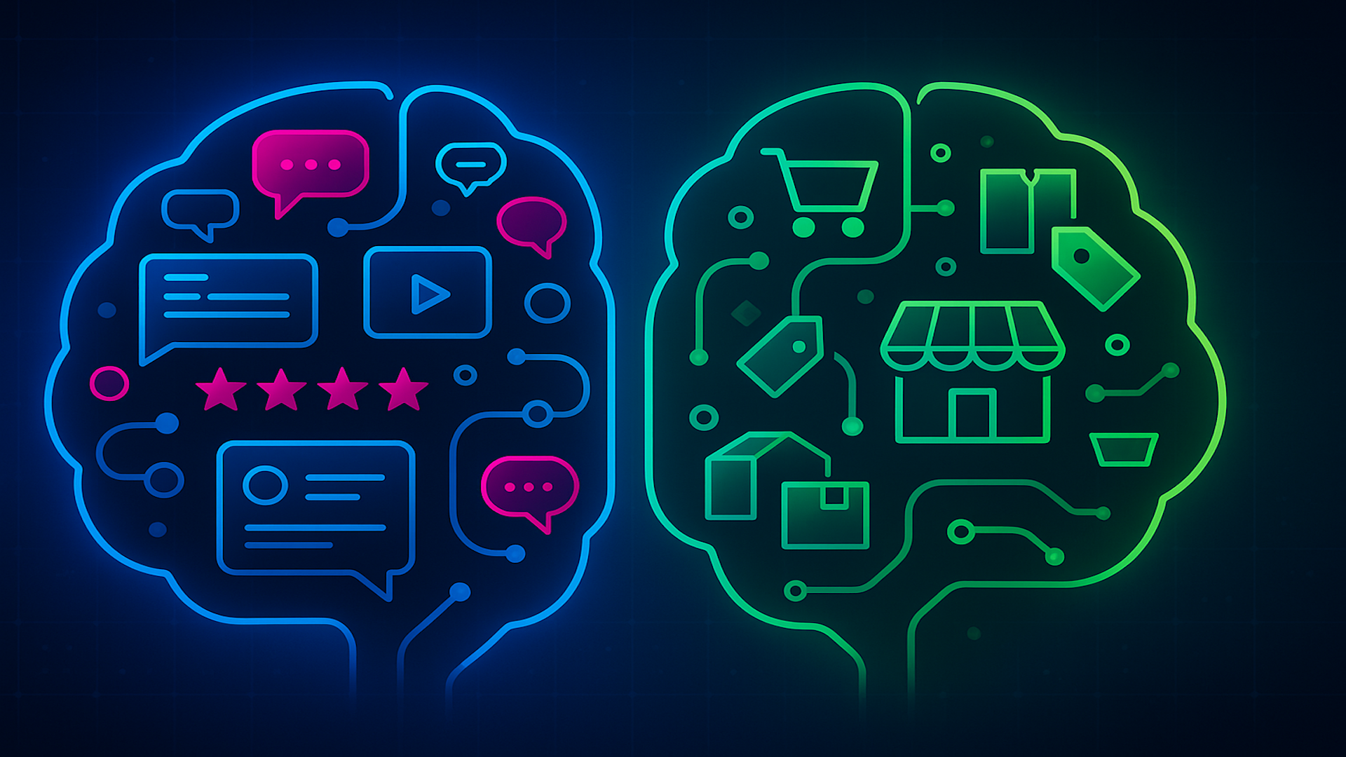 ```json
{
  "alt": "Digital brain illustration with social media icons on the left side and e-commerce icons on the right.",
  "caption": "Explore the digital mind: a vibrant fusion of social media chat bubbles and e-commerce symbols illustrating modern connectivity.",
  "description": "A glowing digital brain is divided into two hemispheres, each representing different technological facets. The left side is filled with social media icons such as chat bubbles, stars, and a play button, indicating communication and interactions. The right side features e-commerce elements like shopping carts and tags, symbolizing online shopping and digital marketplaces. The overall design uses neon blue and green colors, highlighting a theme of interconnectedness and technology."
}
```