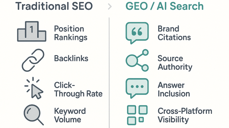 ```json
{
  "alt": "Comparison between Traditional SEO and GEO/AI Search methods.",
  "caption": "Understanding the shift from Traditional SEO to GEO/AI Search methods highlights the evolving landscape of digital marketing.",
  "description": "This image compares Traditional SEO with GEO/AI Search. On the left, Traditional SEO focuses on position rankings, backlinks, click-through rate, and keyword volume. On the right, GEO/AI Search emphasizes brand citations, source authority, answer inclusion, and cross-platform visibility. This comparison underscores the transformation in search optimization strategies brought by innovative AI technologies, aiding marketers in enhancing digital presence."
}
```