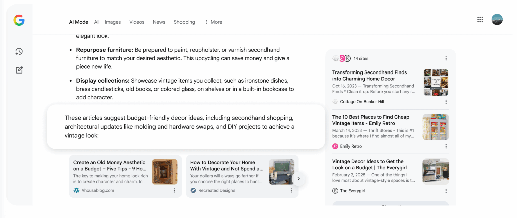 ```json
{
  "alt": "Google search results for vintage decor ideas, highlighting budget-friendly articles and tips.",
  "caption": "Discover how to transform your home with affordable vintage decor tips from these curated articles and guides!",
  "description": "The image displays Google search results for vintage decor ideas, emphasizing budget-friendly solutions. It includes articles on repurposing furniture, displaying collections, and using secondhand finds to enhance home décor. Suggestions focus on affordable DIY projects and architectural updates like molding to achieve a vintage aesthetic. Keywords include vintage decor, budget-friendly, DIY, secondhand shopping, and home aesthetic."
}
```