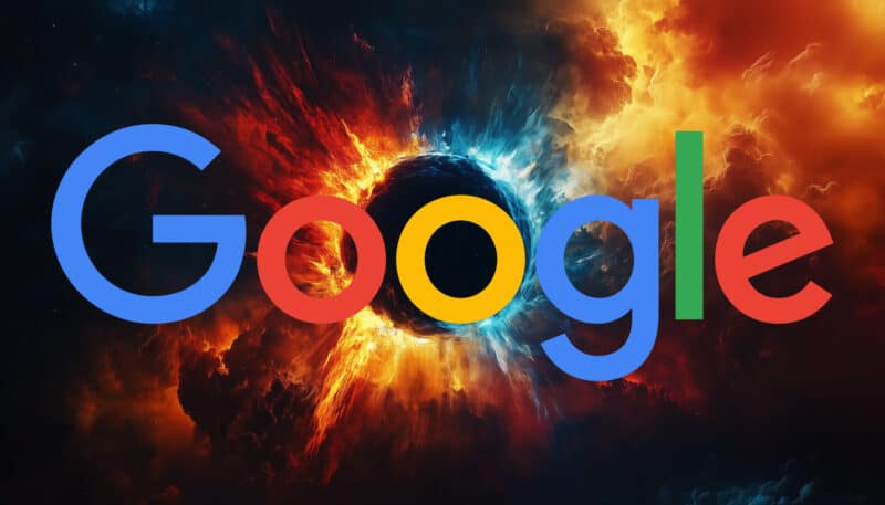 ```json
{
"alt": "Google logo superimposed over a fiery, cosmic background with blue and orange clouds.",
"caption": "The Google logo stands boldly against a vibrant cosmic backdrop, merging the digital world with the mysteries of the universe.",
"description": "This striking image features the Google logo prominently displayed over a dynamic cosmic scene. The fiery background combines swirling blue and orange clouds, creating a dramatic contrast to the calm, multicolored letters of 'Google.' The juxtaposition of technology and the vastness of space evokes themes of innovation and exploration, making it a visually captivating composition. Keywords: Google, cosmic, technology, innovation, space."
}
```