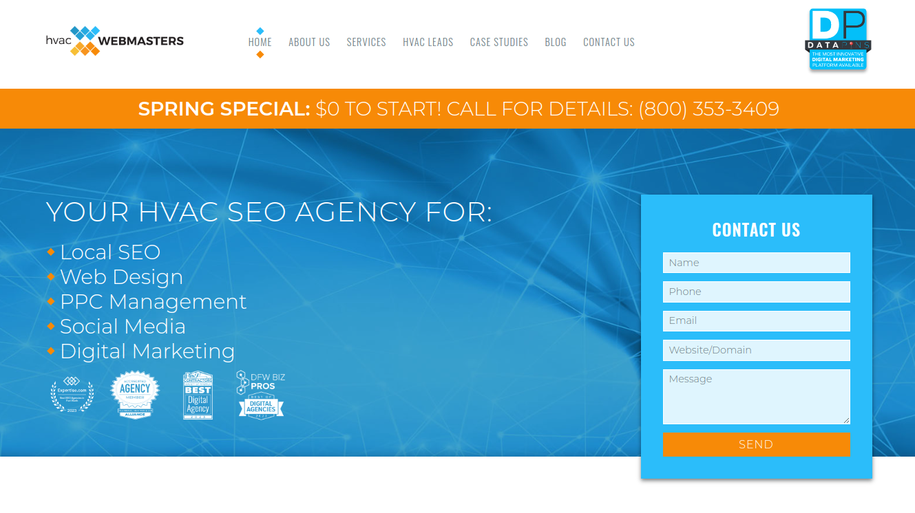 ```json
{
  "alt": "HVAC Webmasters website promoting SEO services, with contact form and spring special offer.",
  "caption": "Boost your HVAC business with expert SEO services! Contact us today for a spring special offer and elevate your online presence.",
  "description": "This image is a screenshot of the HVAC Webmasters website, highlighting their SEO services for local businesses. The banner features a spring special offer, encouraging viewers to call for details. The services listed include Local SEO, Web Design, PPC Management, Social Media, and Digital Marketing. On the right is a contact form for inquiries. The design includes blue and orange elements, emphasizing branding and user engagement."
}
```
