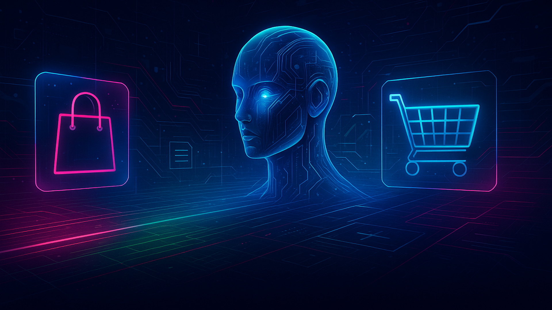 ```json
{
"alt": "Futuristic digital illustration of a human head with neon shopping icons.",
"caption": "In a digital realm, the merging of AI and e-commerce is vividly illustrated with glowing neon shopping symbols surrounding a futuristic human head.",
"description": "This digital illustration features a futuristic human head in neon blue, symbolizing AI, flanked by glowing shopping bag and cart icons in a cyber environment. The image conveys the integration of artificial intelligence in the e-commerce space, with a dark, digitally-rendered backdrop and neon elements highlighting technological advancement and innovation."
}
```