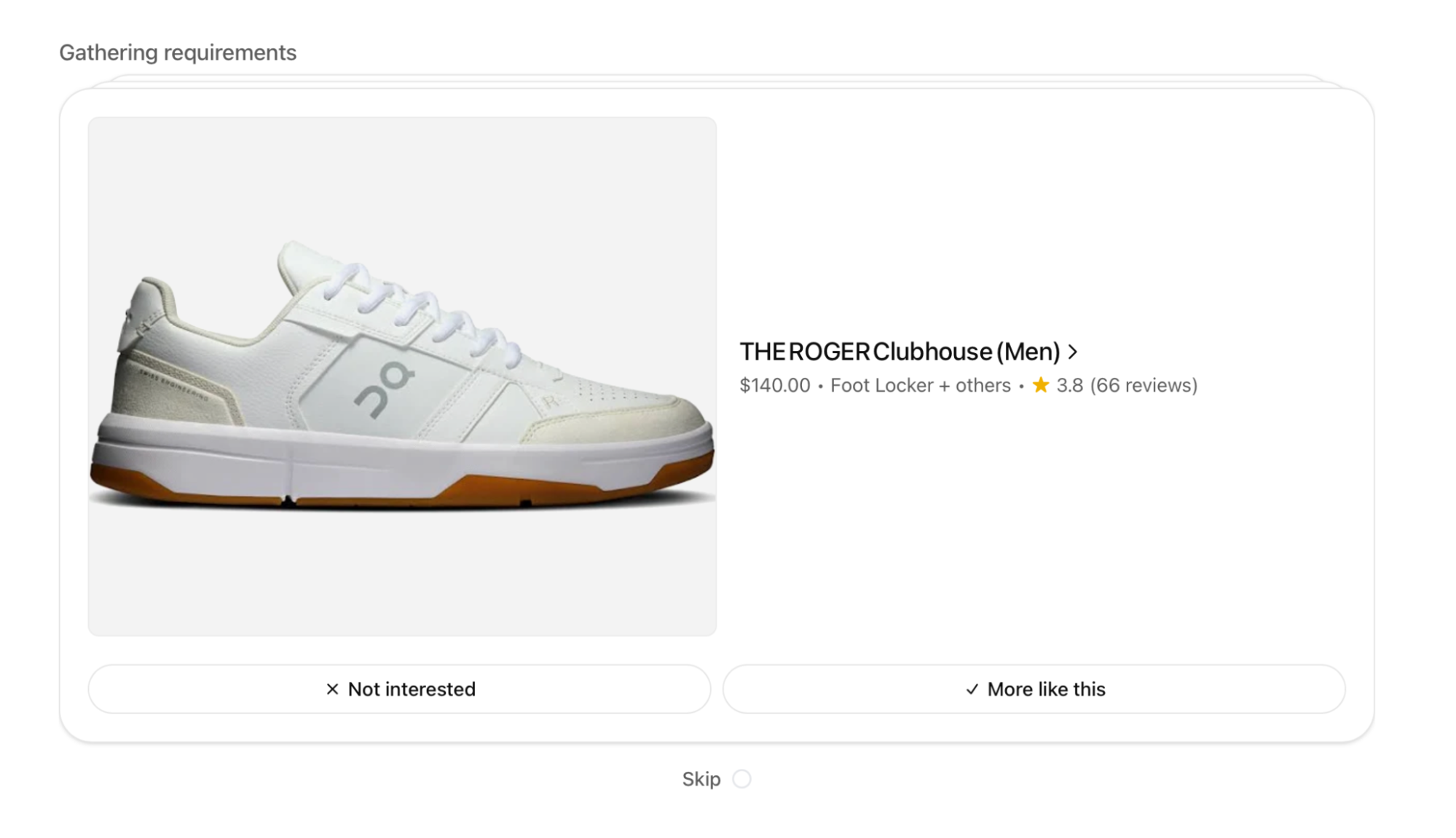 ```json
{
"alt": "White THE ROGER Clubhouse shoe, priced at $140, available at Foot Locker with 3.8-star rating from 66 reviews.",
"caption": "Step up your game with THE ROGER Clubhouse sneakers. Stylish and comfortable, these shoes are perfect for anyone looking to enhance their sneaker collection.",
"description": "The image features a white THE ROGER Clubhouse men's sneaker with a sleek design. Priced at $140, it's available at Foot Locker and other retailers. The shoe has garnered a 3.8-star rating from 66 reviews. The design includes a leather upper with a modern aesthetic, ideal for both casual and sporting wear. Its rubber sole provides excellent grip and durability."
}
```