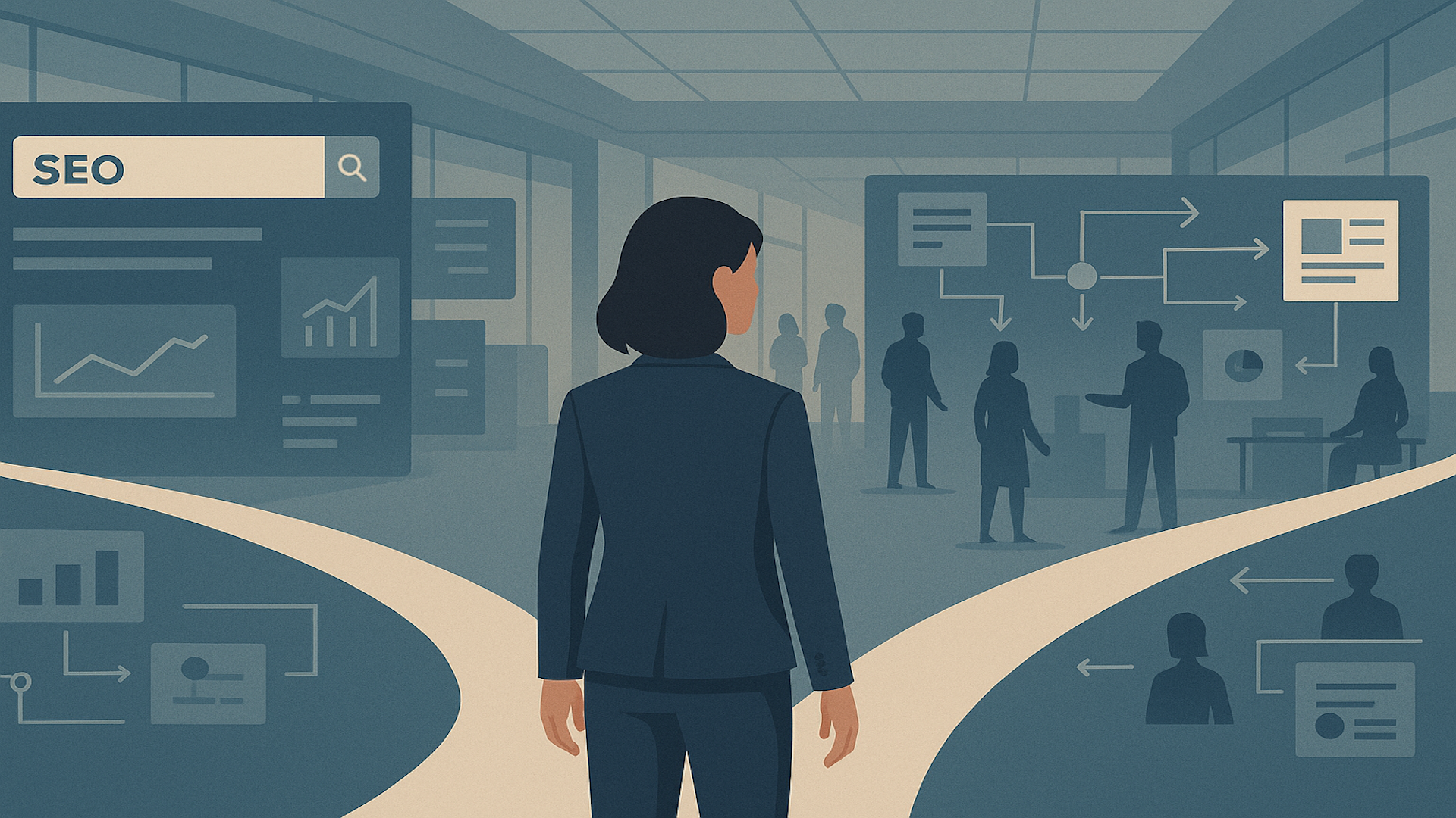```json
{
"alt": "Illustration of a woman facing diverging paths in an office, with SEO graphics and flowcharts.",
"caption": "Choosing the right digital strategy: A professional ponders pathways with SEO insights and dynamic flowcharts.",
"description": "This illustration depicts a woman standing at a fork in the path within an office setting. In the background, there are various elements such as SEO-related graphics and flowcharts, indicating decision-making in a professional environment. The scene symbolizes strategic choices in business, balancing search engine optimization with workflow processes. Keywords: SEO, strategy, business decision, office illustration, professional pathway."
}
```