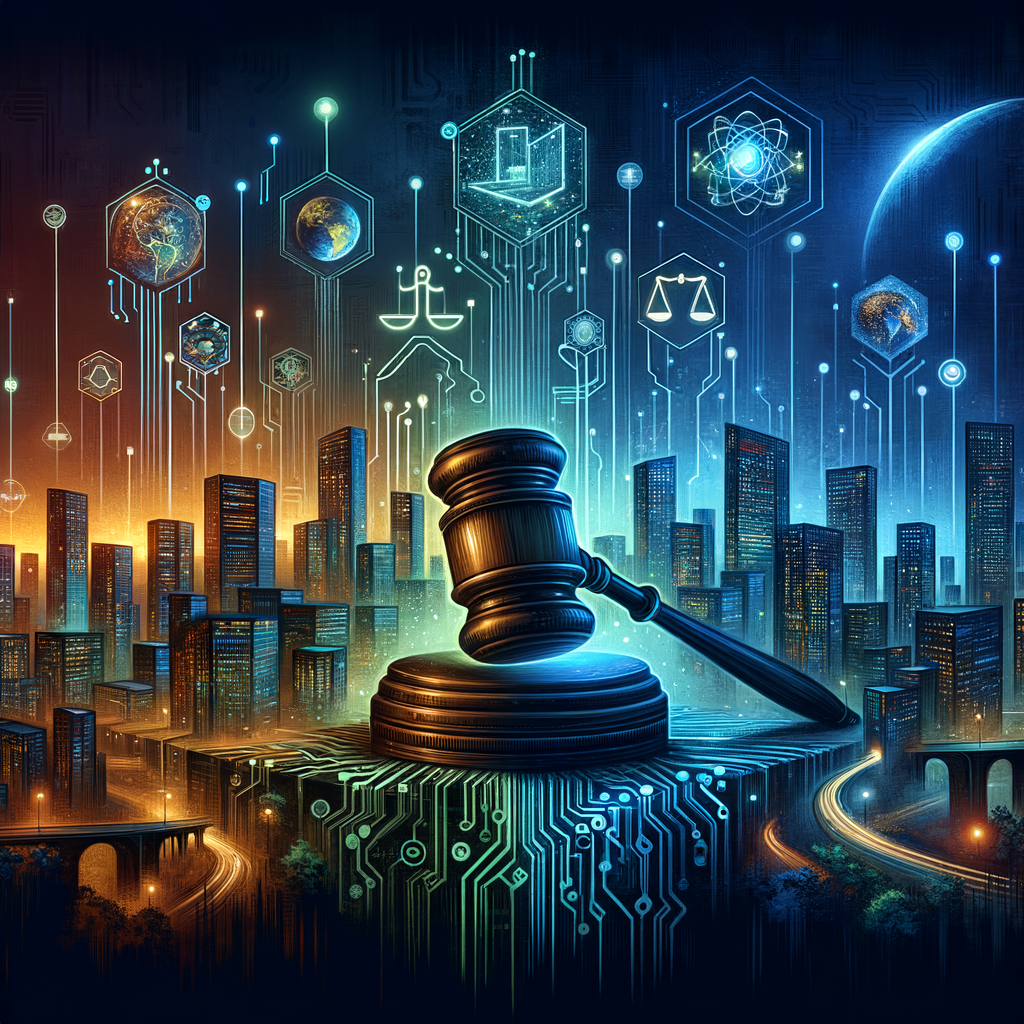 ```json
{
"alt": "Digital artwork depicting a judge's gavel on a circuit board with futuristic cityscape and digital icons in the background.",
"caption": "A judge's gavel blends tradition with technology in this futuristic cityscape, symbolizing the integration of law and digital innovation.",
"description": "This digital artwork illustrates a judge's gavel resting on a circuit board, symbolizing the intersection of law and technology. The background features a vibrant cityscape under a starry sky, with various digital icons representing technology, justice, and innovation. The image uses a blend of warm and cool colors to convey a sense of balance and futuristic progress. Ideal for topics on digital law, innovation, and the future of cities, this image integrates key themes for legal and technological advancements."
}
```