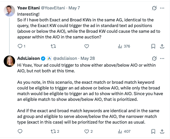 ```json
{
  "alt": "Twitter conversation about keyword match types in advertising, featuring Yoav Etiani and AdsLiaison.",
  "caption": "Yoav Etiani and AdsLiaison discuss the intricacies of keyword match types and ad positioning in digital marketing.",
  "description": "This image captures a Twitter exchange between Yoav Etiani and AdsLiaison about keyword match types in ad groups. It explores how both exact and broad match keywords can influence ad positioning, either above/below the AIO or within it. The conversation also highlights that narrower match types are prioritized in auctions. Key terms discussed include 'exact match,' 'broad match,' and 'AIO'."
}
```