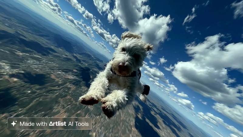 ```json
{
  "alt": "Dog skydiving against a backdrop of clouds and landscape below.",
  "caption": "Adventurous dog takes to the skies, experiencing the thrill of skydiving with a stunning view below.",
  "description": "An exhilarating image of a dog skydiving through a vibrant blue sky scattered with clouds. The landscape below provides a breathtaking backdrop, capturing the spirit of adventure. This unique moment showcases both the playfulness and bravery of a skydiving experience. Ideal for themes of adventure, thrill, and extraordinary journeys."
}
```
