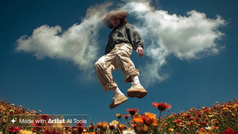 ```json
{
  "alt": "Person levitating above a field of flowers with a cloud overhead, set against a clear blue sky.",
  "caption": "Floating through dreams, suspended between a vibrant field and the infinite sky, this image captures the magic of imagination in motion.",
  "description": "A surreal image depicting a person levitating over a colorful field of flowers on a bright, sunny day. A fluffy cloud hovers just above their head, creating a whimsical and dreamlike atmosphere. The clear blue sky provides a striking contrast, enhancing the ethereal quality of the image. Perfect for creative projects, this photo brings to life themes of imagination, freedom, and serenity."
}
```