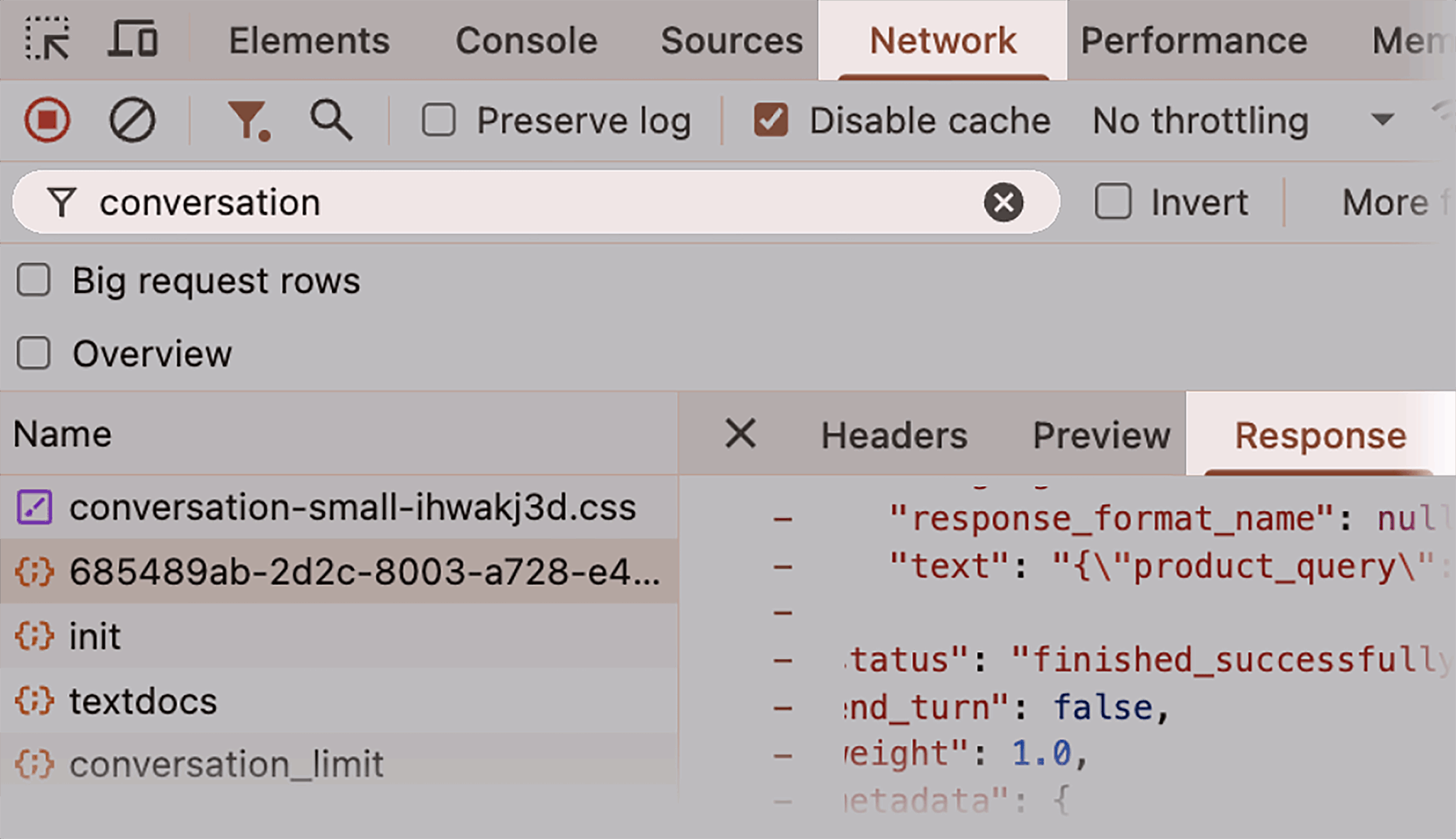 ```json
{
  "alt": "Screenshot of a browser developer tools network panel with filters and response details displayed.",
  "caption": "Diving into the network panel: A behind-the-scenes look at web page data with browser dev tools. Explore the intricacies of online transactions with ease.",
  "description": "This image shows a screenshot of a browser's developer tools, focusing on the network panel. The interface includes options like 'Preserve log' and 'Disable cache,' along with a filter search for 'conversation.' Various request names are shown, along with detailed response headers and values. This tool is essential for developers to track and debug network requests and responses efficiently, aiding in webpage optimization and debugging."
}
```