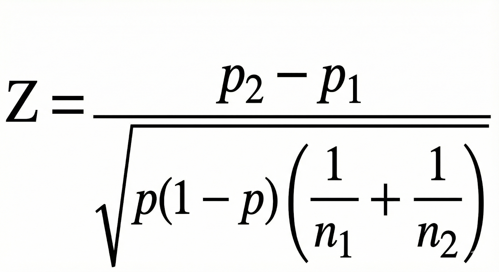 ```json
{
  "alt": "Mathematical formula for Z-score involving proportions and sample sizes.",
  "caption": "Dive into statistics with this formula for calculating the Z-score from sample proportions. A fascinating glimpse into the world of data analysis!",
  "description": "This image displays a mathematical formula for calculating the Z-score based on the difference between two proportions, p2 and p1, over the standard error of the sample sizes, n1 and n2. This statistical formula is essential in hypothesis testing and helps determine how far apart proportions are in terms of standard deviation. Key elements include the square root, fraction, and parentheses, crucial in advanced statistics and data analysis."
}
```
