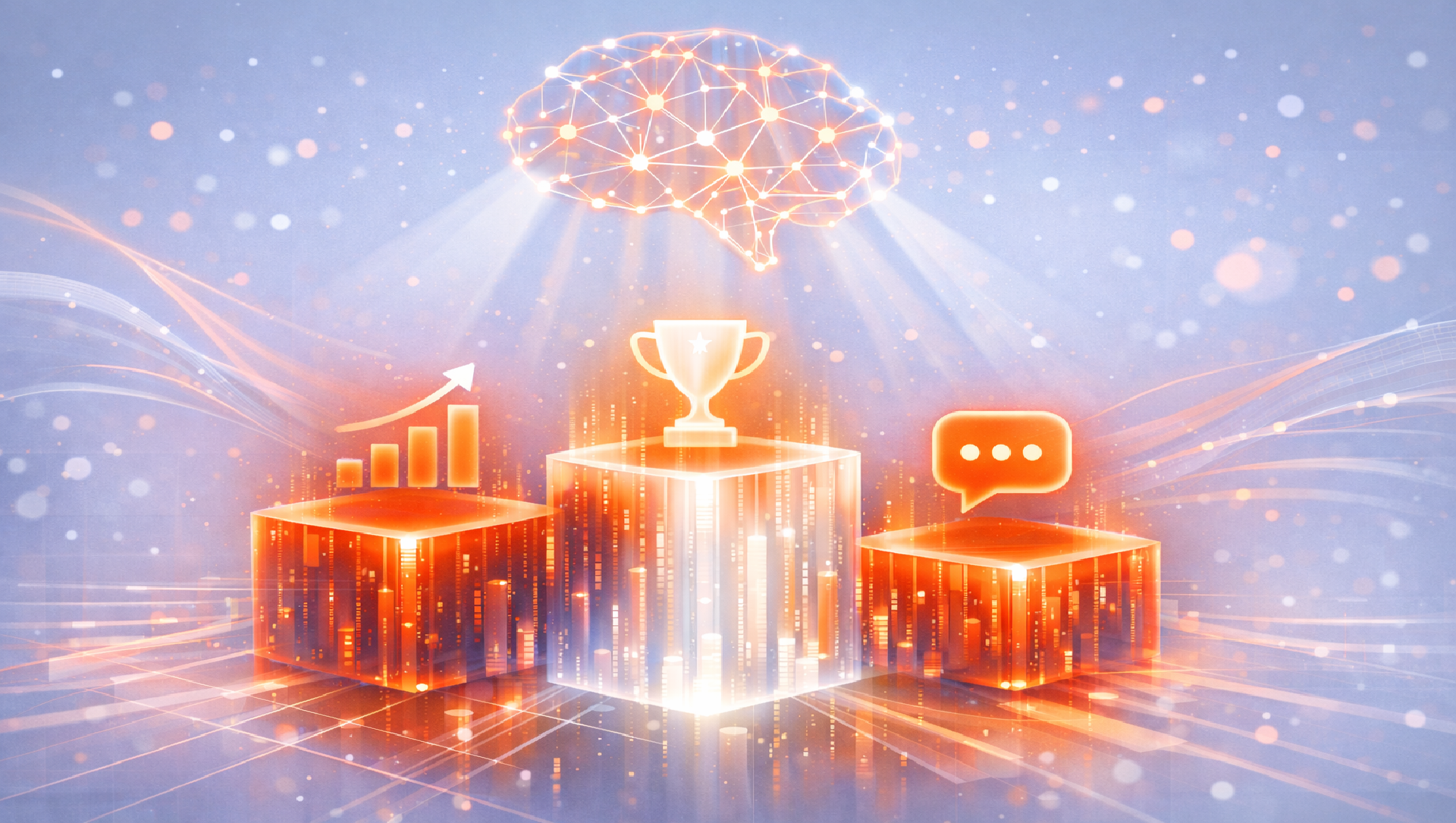 ```json
{
  "alt": "Digital illustration of a brain emitting rays over a trophy, graph, and chat icon on glowing platforms.",
  "caption": "Illuminating Innovation: A digital brain beams over symbols of success, depicting growth, achievement, and communication.",
  "description": "This image features a stylized brain emitting light rays onto three platforms with icons representing a trophy, a growth chart, and a speech bubble. The glowing platforms symbolize innovation and success in areas of achievement, growth, and communication. The background includes digital elements and light effects, enhancing the futuristic and technological theme. Keywords: innovation, success, communication, digital art, technology."
}
```