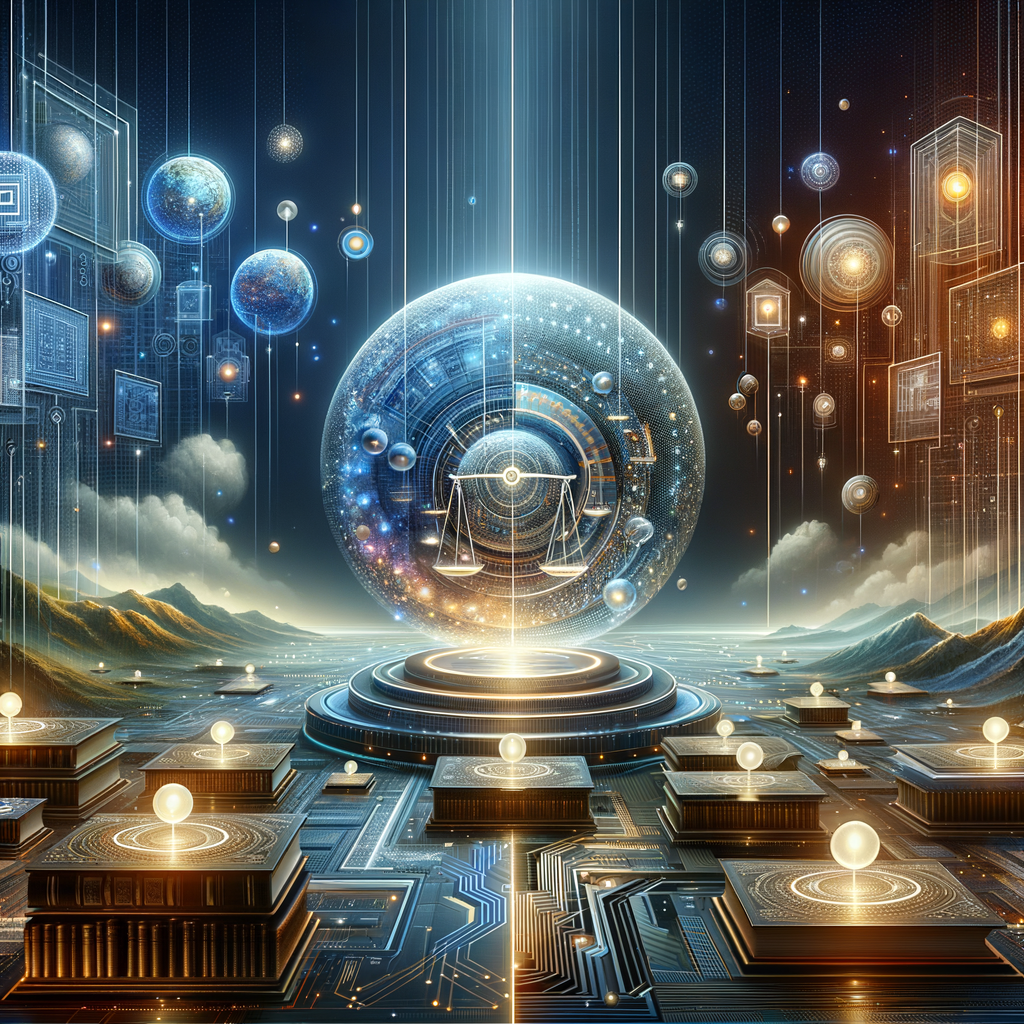 ```json
{
  "alt": "Futuristic digital landscape with glowing circuitry, orbs, and scales of justice central in a cosmic sphere.",
  "caption": "Step into a futuristic realm where technology and justice intertwine. This digital utopia showcases a harmonious blend of innovation and equilibrium.",
  "description": "This image presents a futuristic landscape featuring a digital cosmos filled with intricate circuitry and glowing orbs. Central to the composition are the scales of justice, encased in a luminous, spherical structure. The scene is enriched with technological elements, suggesting a harmonious blend of technology and law. Mountains in the background add depth, while the use of light and symmetry enhances the overall atmosphere, offering both a sense of wonder and a nod to technological advancement."
}
```