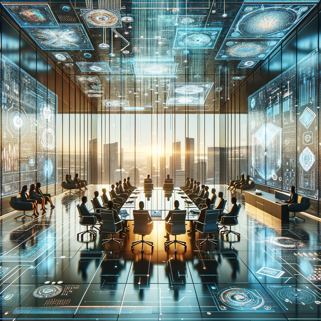 ```json
{
  "alt": "Futuristic conference room with digital screens and panoramic city view at sunset.",
  "caption": "Diving into the future of technology, this high-tech conference room brings together innovation and stunning views for an unparalleled meeting experience.",
  "description": "A state-of-the-art conference room is depicted, featuring digital screens with intricate data patterns on the walls and ceiling. The room is equipped with a long table, surrounded by office chairs and attendees engaged in a meeting. The space is illuminated by a warm sunset glow, with a panoramic view of a city skyline visible through floor-to-ceiling windows. Keywords: futuristic, technology, meeting, conference room, digital, cityscape, sunset."
}
```