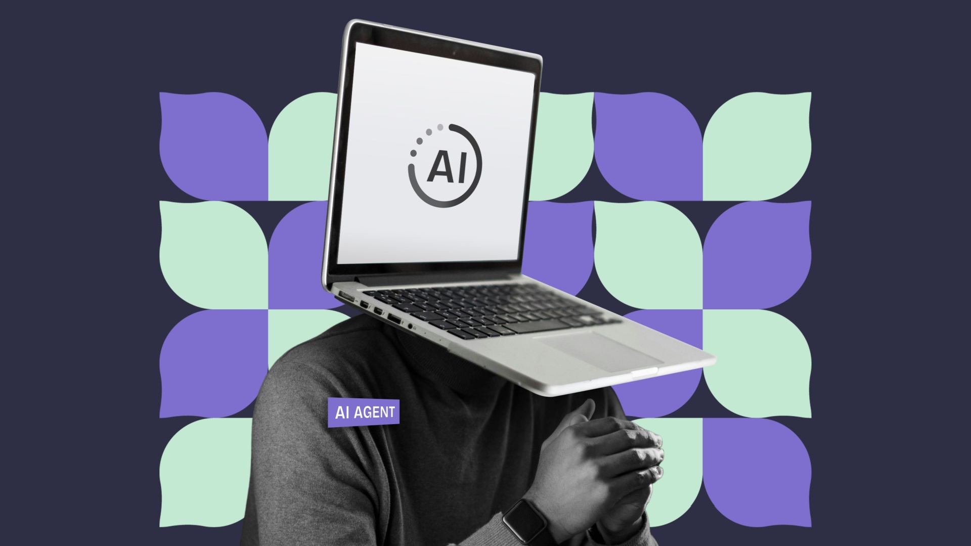 ```json
{
  "alt": "A person with a laptop for a head labeled 'AI Agent' against a geometric background.",
  "caption": "When AI takes over: a playful depiction of a human with a laptop as a head, symbolizing the integration of technology into our lives.",
  "description": "This creative image features a person whose head is replaced by a laptop screen displaying the word 'AI', symbolizing the fusion of human capabilities with artificial intelligence. The background is a geometric pattern of purple and mint green leaves, adding a modern and abstract touch. The term 'AI Agent' is prominently displayed, emphasizing the theme of technology integration. Perfect for discussions on AI, tech trends, and digital transformation."
}
```