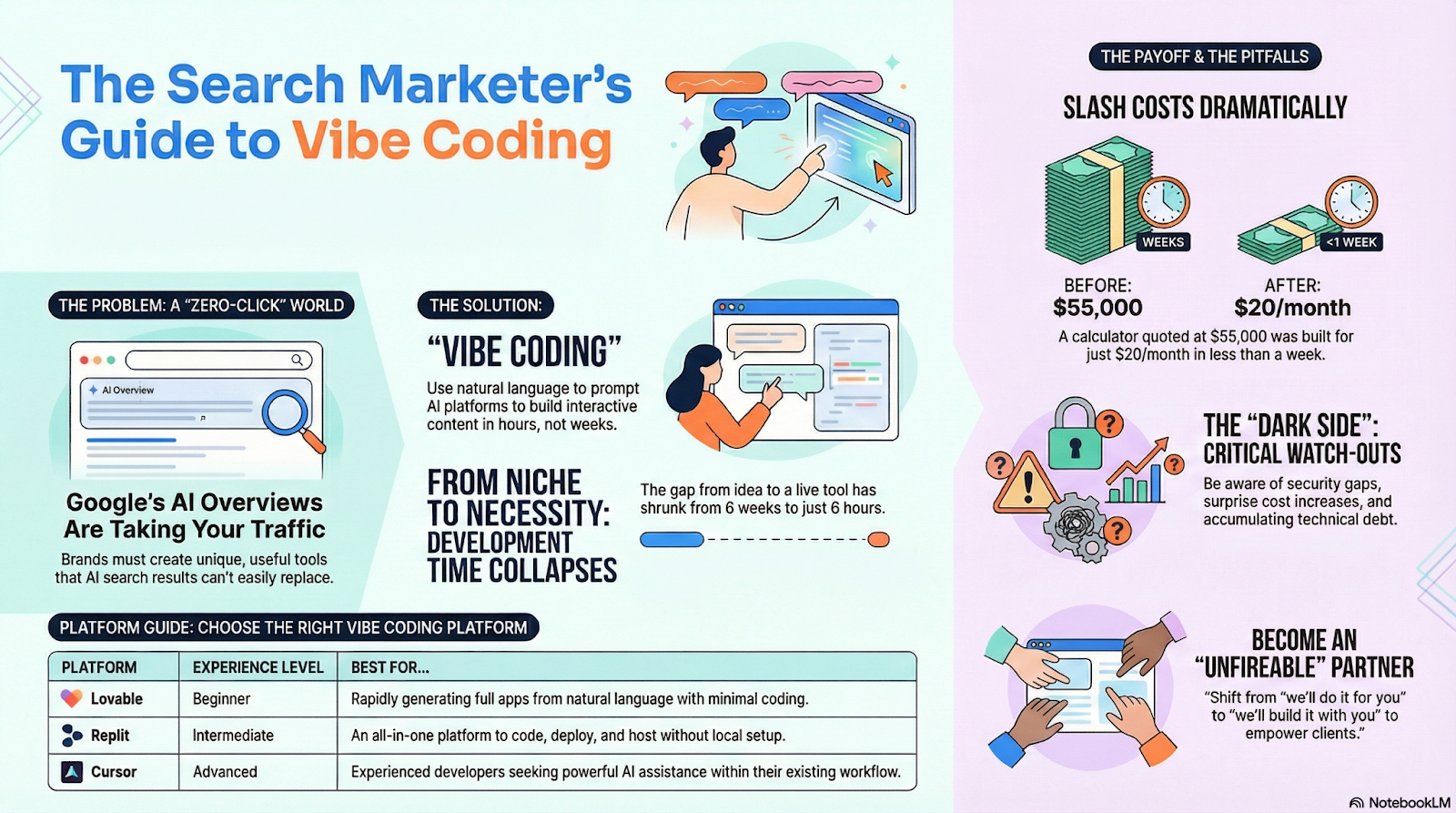 ```json
{
  "alt": "Infographic on search marketing and vibe coding, highlighting problems, solutions, cost impact, and critical factors.",
  "caption": "Discover how vibe coding revolutionizes search marketing by transforming niche tools into necessities while slashing development time and costs.",
  "description": "This infographic provides a guide to vibe coding in search marketing, addressing the 'zero-click' issue posed by AI overviews on Google. It illustrates how natural language can be used to prompt AI platforms for interactive content creation, reducing development time from weeks to hours. Cost and security implications are also discussed, with examples of drastic cost reduction from $55,000 to $20/month. The infographic emphasizes the importance of selecting the right coding platform for different experience levels and aims to empower users to become indispensable partners."
}
```