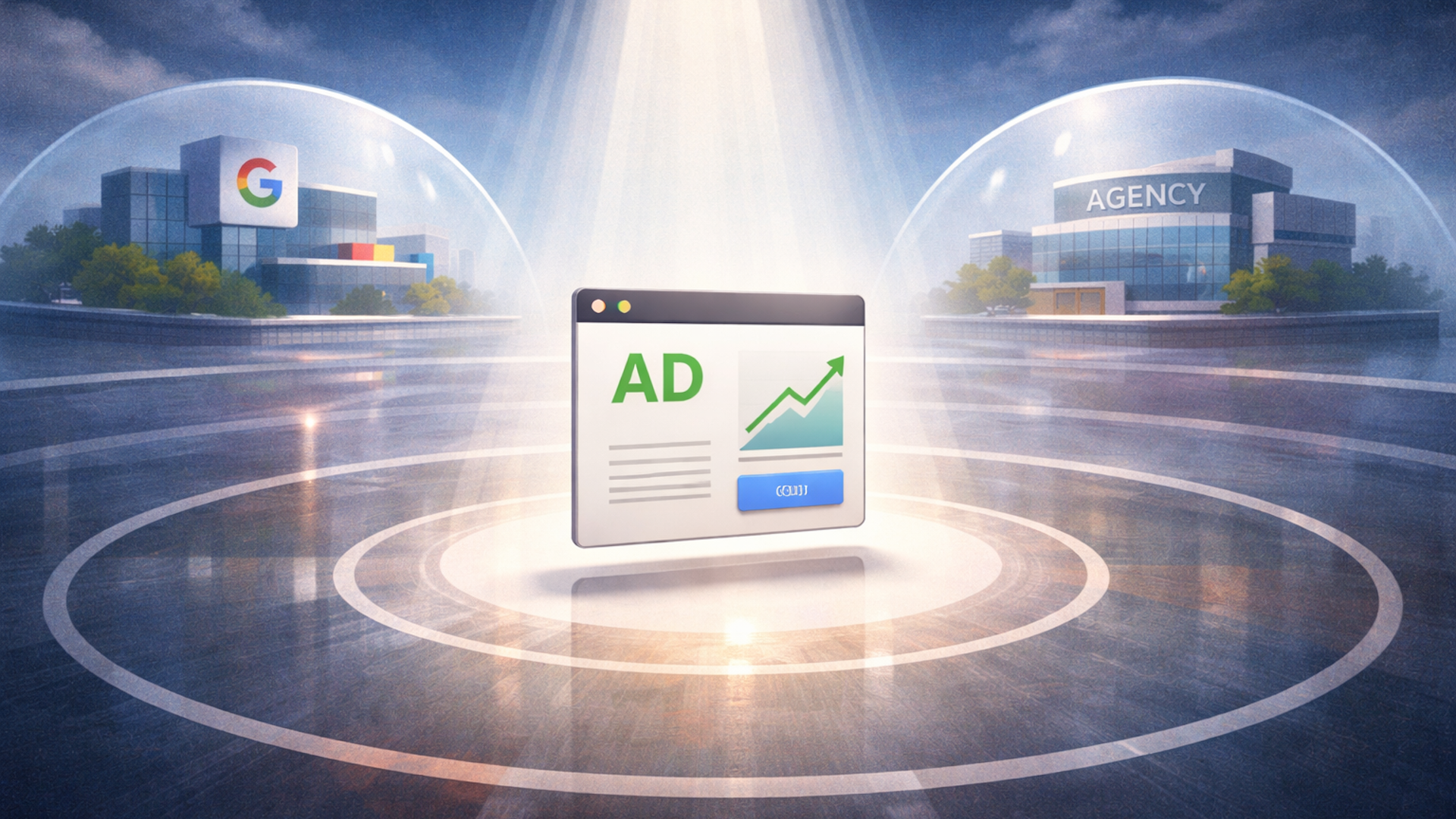 ```json
{
  "alt": "Illustration of a digital ad under a spotlight between Google and an agency building.",
  "caption": "Highlighting the power of digital advertising, this image places an ad interface under a spotlight between giant entities, Google and an agency.",
  "description": "This illustration presents a digital advertisement interface prominently spotlighted on a circular platform. In the background, two buildings are visible, one with the Google logo and the other labeled 'Agency.' The image symbolizes the relationship and balance between major tech companies and advertising agencies in the digital marketing world. The use of light and perspective highlights the central role of digital ads."
}
```
