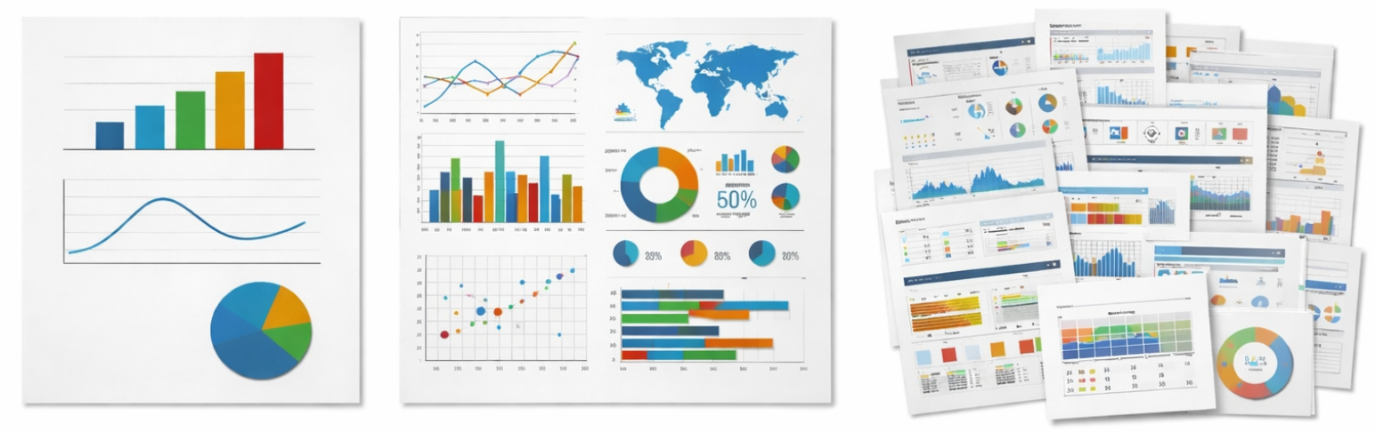 ```json
{
"alt": "Collage of colorful charts and graphs including bar graphs, line charts, pie charts, and a world map on white paper.",
"caption": "Dive into a sea of data with vibrant charts and graphs, showcasing trends, distributions, and insights, ready to tell your story in numbers.",
"description": "This image features a variety of colorful charts and graphs on white paper, illustrating diverse data sets. The left section shows bar, line, and pie charts, while the central section includes a world map, mixed charts, and a 50% donut chart. To the right is a collection of stacked papers with various graphs and diagrams, ideal for presentations or reports. This assortment aids in visualizing data hierarchies, comparisons, and trends, making it perfect for analytic and business contexts. Keywords: charts, graphs, data visualization, bar graph, pie chart, line chart, world map."
}
```