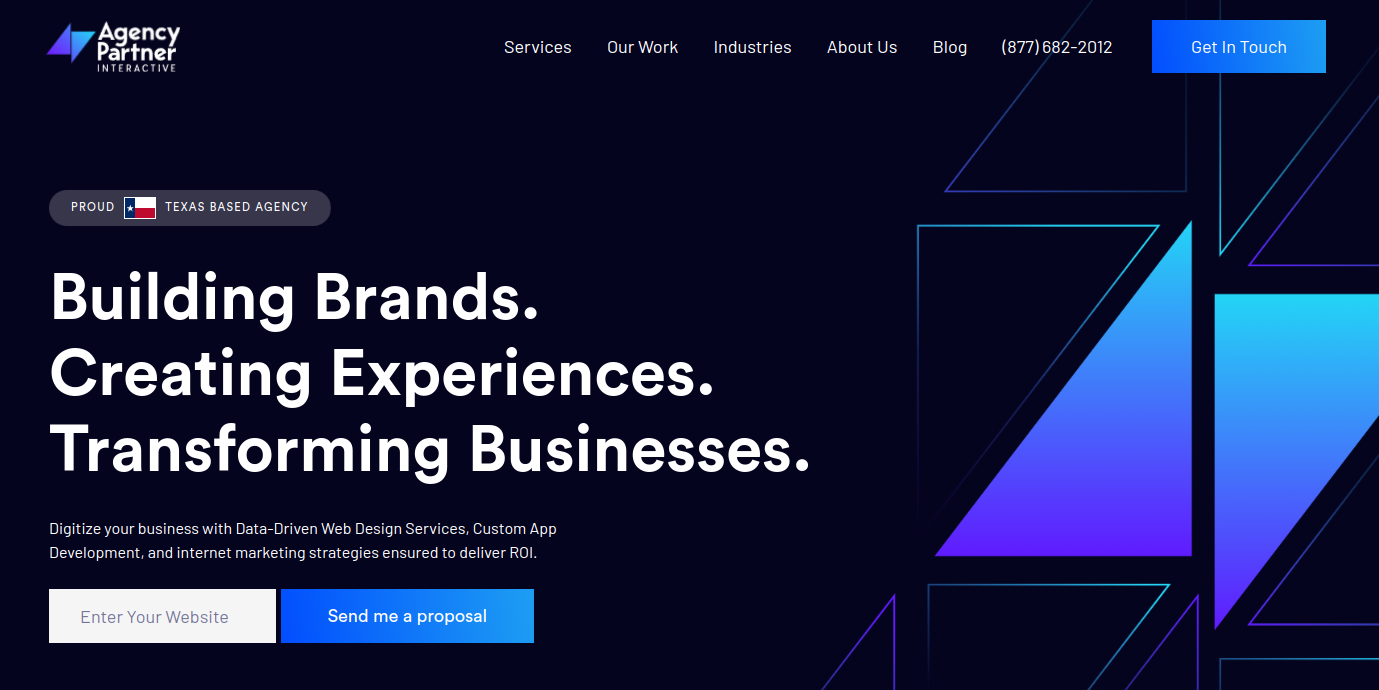 ```json
{
  "alt": "Agency Partner Interactive website homepage with text promoting branding, experiences, and business transformation.",
  "caption": "Shape your digital presence with Agency Partner Interactive. Elevate your brand, craft unique experiences, and transform your business today.",
  "description": "The homepage of Agency Partner Interactive features a bold design with the tagline 'Building Brands. Creating Experiences. Transforming Businesses.' It highlights services like data-driven web design, custom app development, and internet marketing. The layout includes navigation links for services, work, industries, and contact information. The vivid graphics and clear CTA, 'Send me a proposal,' guide users toward engagement."
}
```