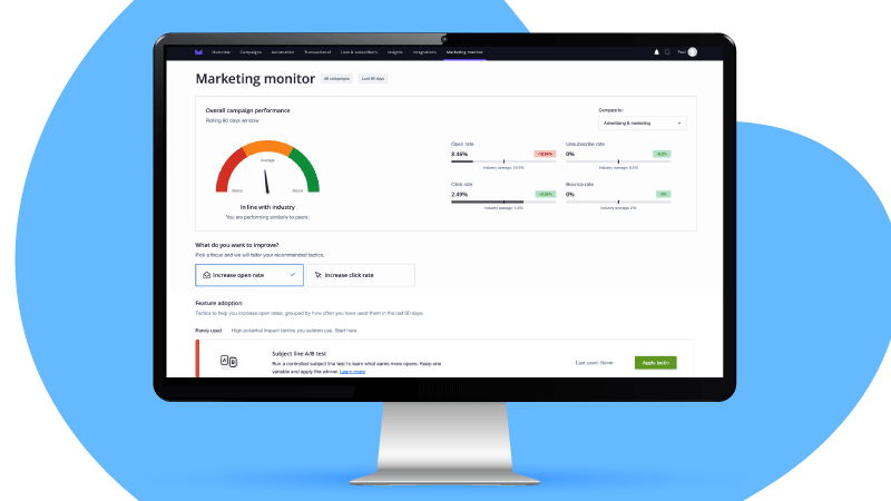```json
{
  "alt": "Computer screen displaying a marketing monitor dashboard with performance metrics and colorful gauge.",
  "caption": "Dive into your campaign's performance with this marketing monitor dashboard, featuring clear metrics and insightful tools for enhanced strategy.",
  "description": "The image showcases a computer screen with a marketing monitor dashboard, highlighting campaign performance metrics. A colorful gauge displays performance relative to industry standards, along with detailed statistics such as open and click rates. This intuitive interface aids in evaluating and improving campaign effectiveness. Keywords: marketing, dashboard, performance metrics, campaign analysis, digital marketing tools."
}
```