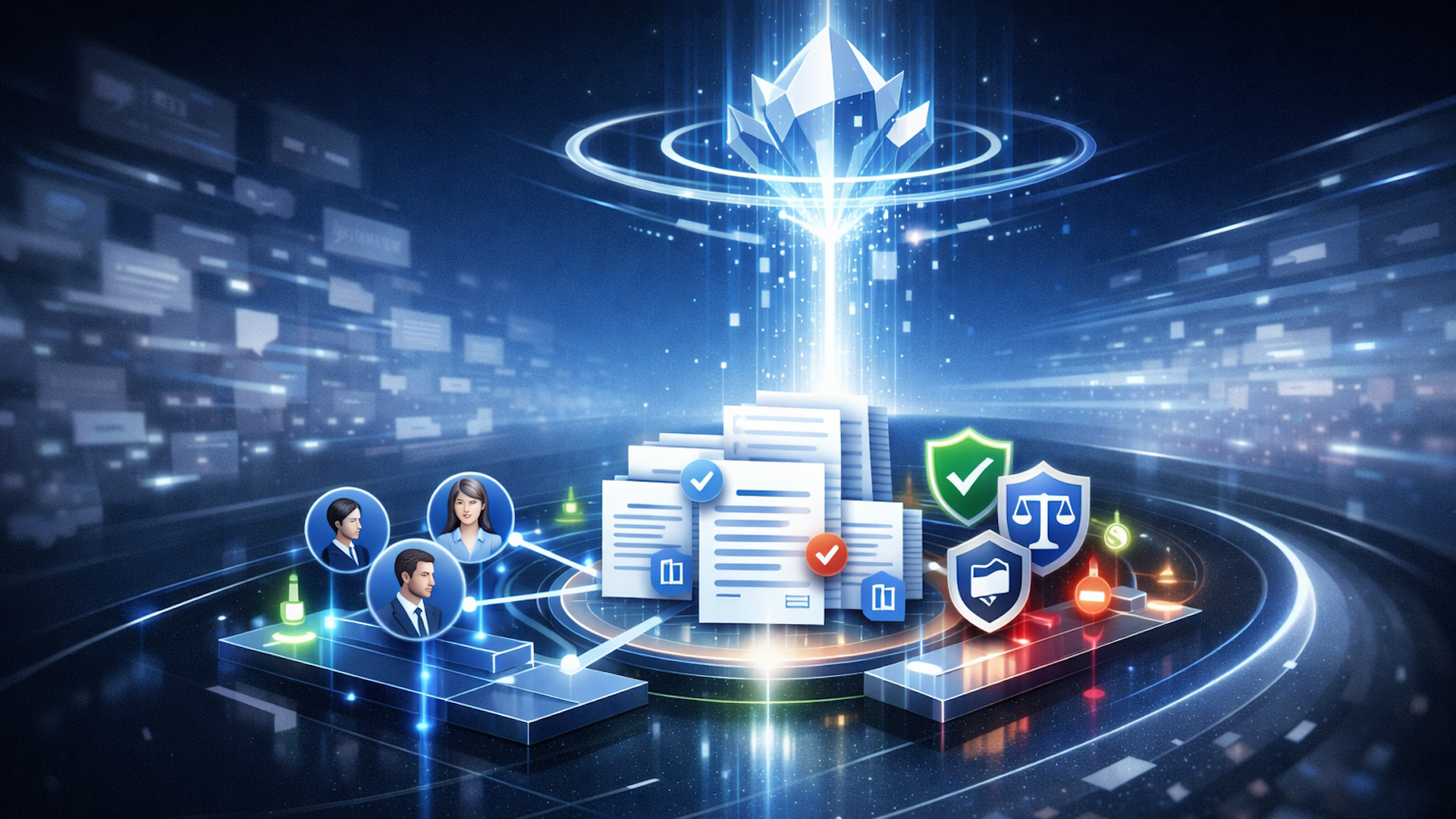 ```json
{
  "alt": "Futuristic digital landscape with documents, icons, and holographic elements.",
  "caption": "Discover the future of digital collaboration with secure document sharing and dynamic team interaction.",
  "description": "This image depicts a futuristic digital landscape featuring stacks of documents connected to avatars of people, symbolizing collaboration. Holographic elements and icons for security, law, and communication surround the documents, highlighting themes of data protection and teamwork in a tech-forward environment. Ideal for concepts like digital transformation, team collaboration, and secure data exchange."
}
```