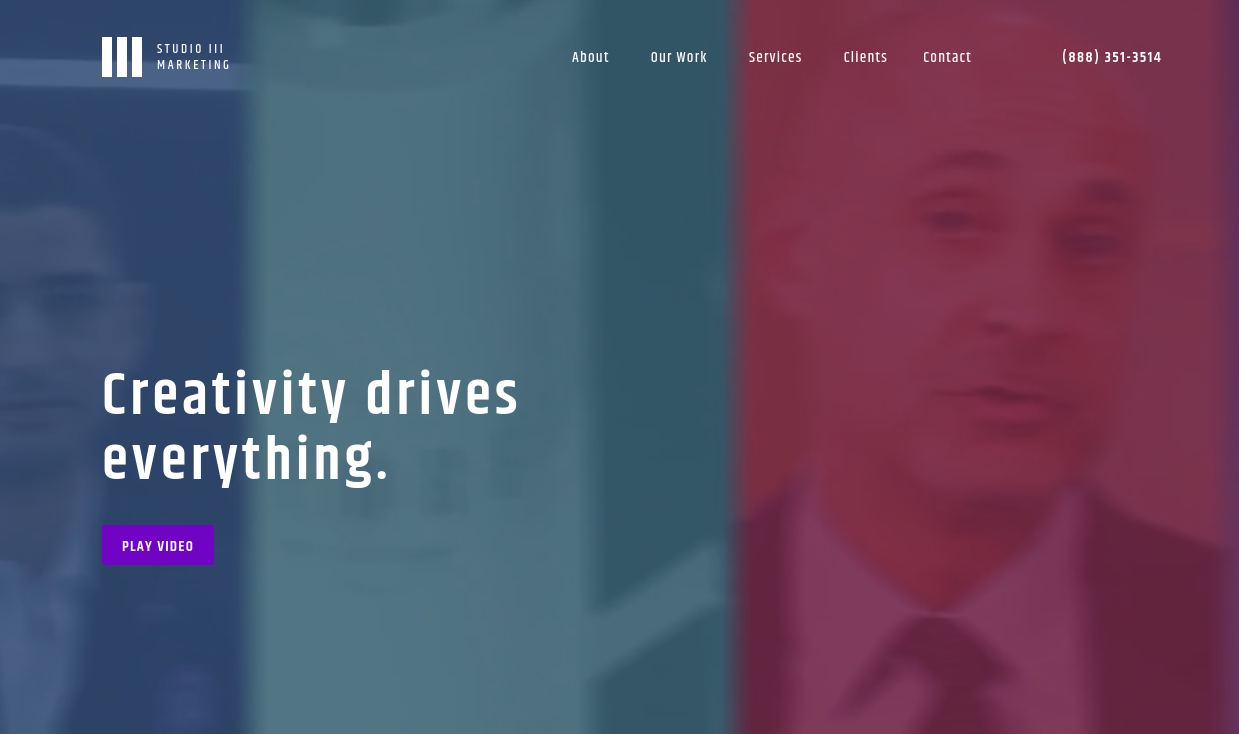 ```json
{
  "alt": "Studio III Marketing website with layered images and text stating 'Creativity drives everything.'",
  "caption": "Explore success stories at Studio III Marketing, where creativity fuels every project. Dive into our captivating video stories.",
  "description": "This image captures the homepage of Studio III Marketing's website, showcasing a blurred, multi-layered background of images and text overlay. The prominent text reads, 'Creativity drives everything,' with a 'Play Video' button inviting engagement. The navigation bar at the top provides links to 'About', 'Our Work', 'Services', 'Clients', 'Contact', and a contact number. The design emphasizes creativity and innovation in marketing strategies."
}
```