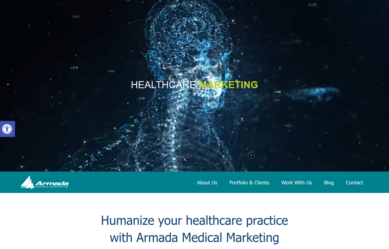 ```json
{
  "alt": "Digital illustration of a human head with text 'Healthcare Marketing' from Armada Medical Marketing website.",
  "caption": "Explore innovative strategies to humanize your healthcare practice with Armada Medical Marketing. Dive into a new era of healthcare marketing.",
  "description": "This image features a digital illustration of a human head composed of blue digital particles, symbolizing technology and innovation. Overlaid text reads 'Healthcare Marketing' in bold letters. The Armada Medical Marketing logo and navigation menu are visible below. This visually striking design emphasizes the intersection of healthcare and technology, aiming to modernize marketing approaches in the medical field."
}
```