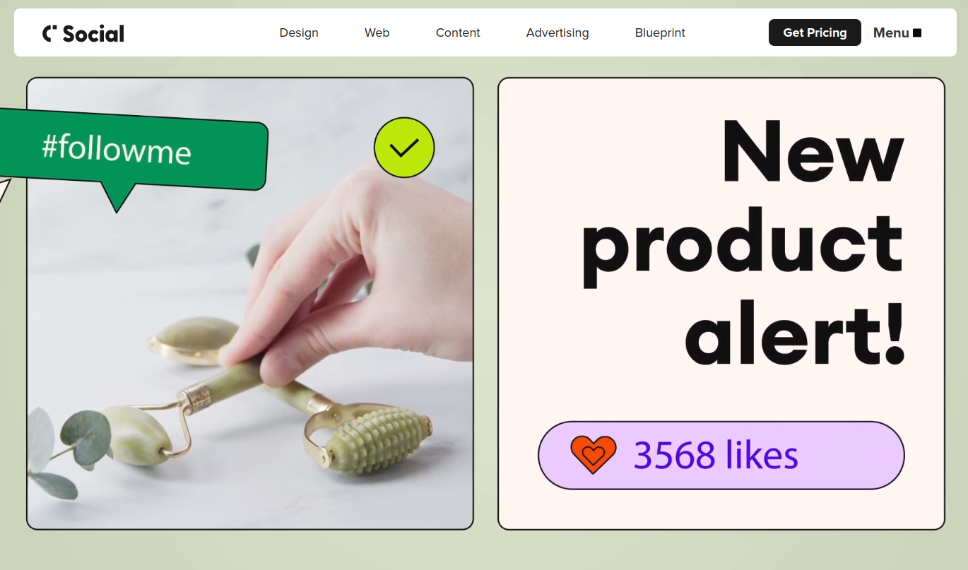 ```json
{
"alt": "Hand holding a jade roller with hashtag followme and new product alert text.",
"caption": "Discover the latest in skincare tools with our jade roller! #newproductalert #followme",
"description": "This image features a hand holding a jade roller, a popular skincare tool, with a 'followme' hashtag in a green bubble. Beside it is a bold text announcing a new product alert, accompanied by a heart symbol showing 3568 likes. The image suggests a promotional theme, likely for social media or an online store, emphasizing engagement through hashtags and likes."
}
```