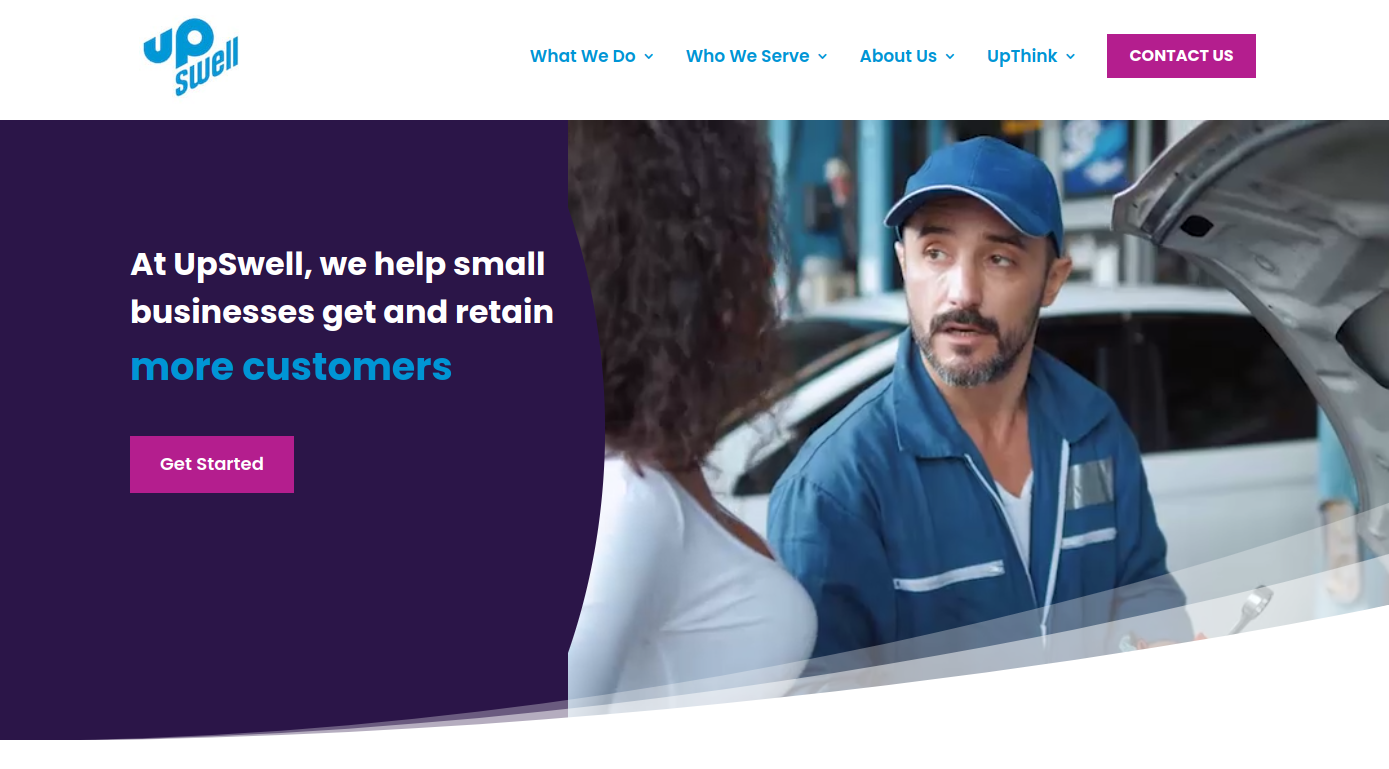 ```json
{
"alt": "UpSwell webpage promoting customer growth for small businesses alongside an image of a mechanic talking to a customer.",
"caption": "Discover how UpSwell helps small businesses thrive by attracting more customers. Get started today and watch your business grow!",
"description": "This image shows a section of the UpSwell website, featuring a service slogan that highlights its commitment to helping small businesses gain and retain customers. The text is placed beside an image depicting a mechanic engaging with a customer, symbolizing the personalized approach in customer service. The website's design is user-friendly, with a 'Get Started' button prominently visible, inviting users to explore their services. Keywords: UpSwell, small business marketing, customer retention, service industry, digital marketing."
}
```