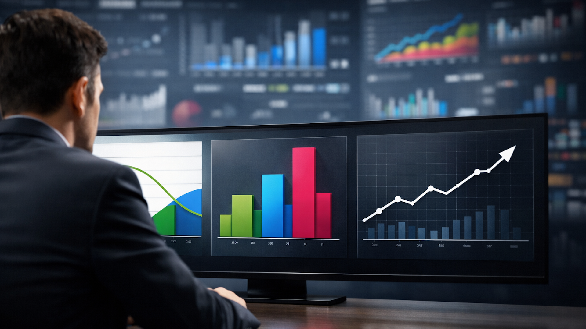 ```json
{
"alt": "Man in a suit analyzing graphs on multiple computer screens displaying line and bar charts.",
"caption": "A focused professional examines dynamic graphs on a multi-screen setup, reflecting on data analytics and business growth strategies.",
"description": "This image depicts a man in a suit analyzing graphs on three large computer screens. The screens display various charts, including line and bar graphs, against a blurred background of additional data visualizations. The scene suggests themes of data analysis, financial trends, and strategic decision-making, ideal for illustrating topics in business, finance, or technology."
}
```