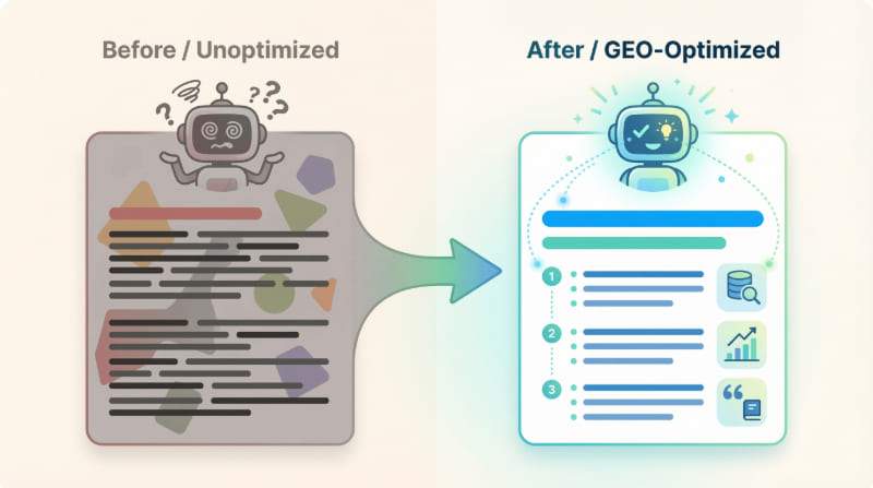 ```json
{
  "alt": "Before and after optimization comparison featuring a robot icon and document transformation.",
  "caption": "See the transformation from cluttered to clear with GEO-optimized content. Discover how structured organization can enhance readability and efficiency.",
  "description": "This image shows a before-and-after comparison of document optimization. On the left, 'Before / Unoptimized' features a confused robot and jumbled text. On the right, 'After / GEO-Optimized' showcases a happy robot with a well-structured document, indicating clarity and improved content organization. The transformation highlights the benefits of GEO optimization in creating engaging and readable documents."
}
```