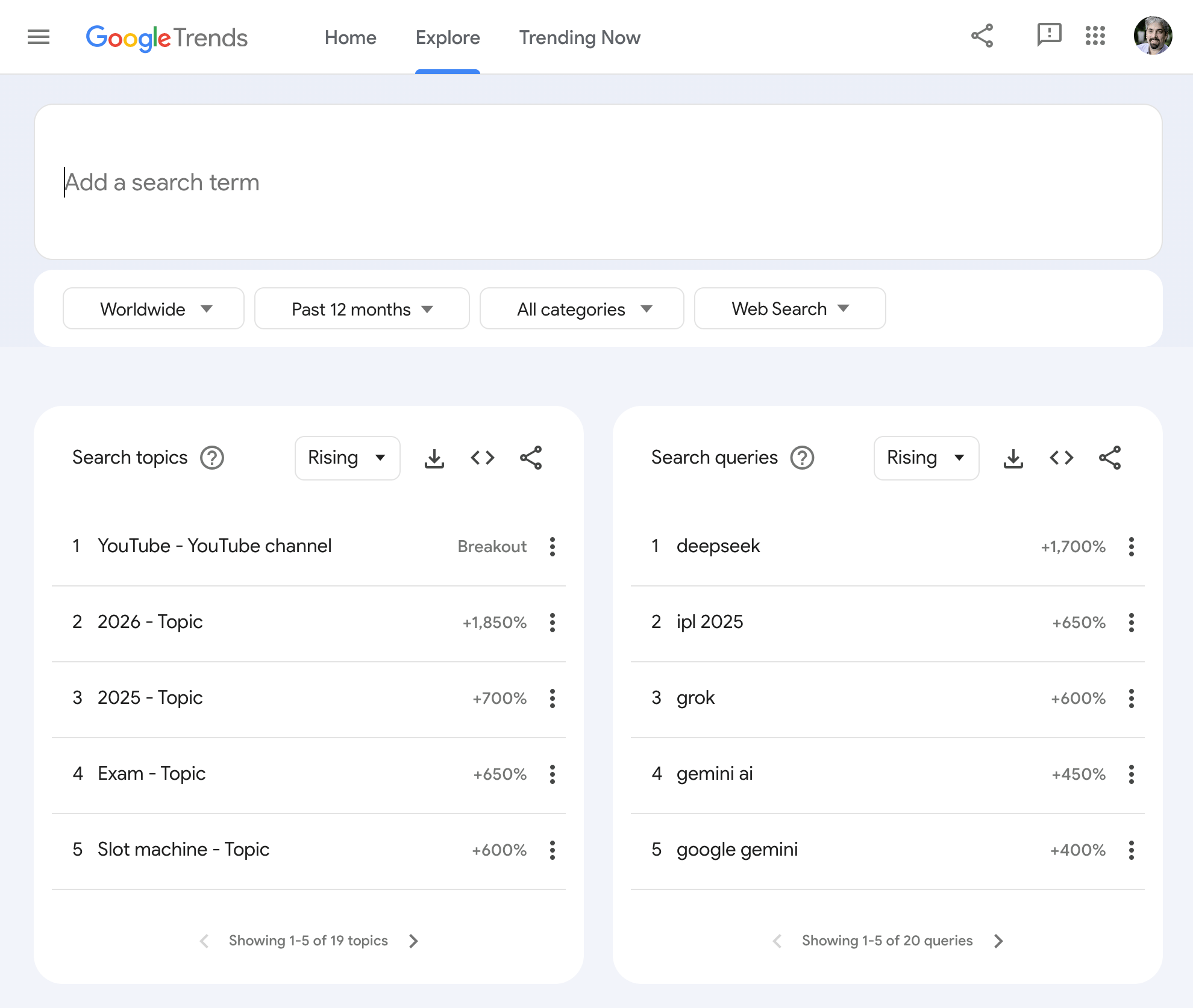 ```json
{
"alt": "Google Trends interface showing rising search topics and queries including YouTube, 2026, deepseek, and IPL 2025.",
"caption": "Explore what's trending on Google! Discover the rising search topics like YouTube channels and 2026 topics, along with queries like 'deepseek' and 'IPL 2025'.",
"description": "This image captures the Google Trends interface focused on trending searches. On the left, 'Search topics' lists include 'YouTube - YouTube channel' as a breakout, indicating a significant increase. Other topics like '2026' and 'Exam' show percentage increases. On the right, 'Search queries' such as 'deepseek' and 'IPL 2025' reflect growing interest. The interface allows users to filter by region, time frame, category, and type of search. Keywords include Google Trends, rising searches, trending topics."
}
```