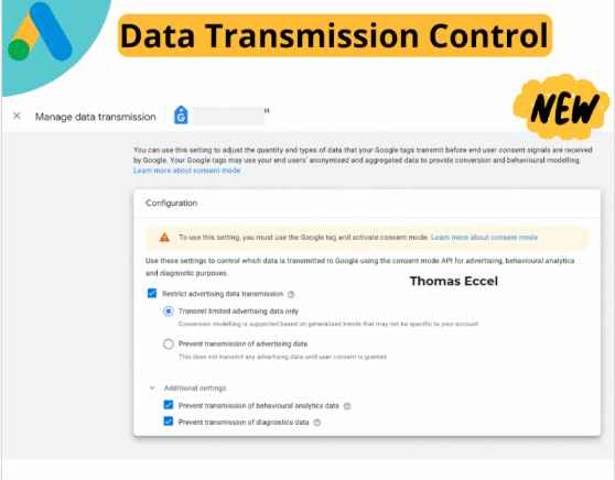 ```json
{
  "alt": "Google Ads Data Transmission Control Interface with configuration settings.",
  "caption": "Explore Google Ads' new Data Transmission Control settings to manage how your data is shared, ensuring privacy and compliance.",
  "description": "This image shows the Google Ads Data Transmission Control interface, where users can manage data transmission settings. It includes options to restrict data sharing, specifically for advertising, behavioral analytics, and diagnostics. Featured prominently are toggles to prevent data transmission, emphasizing user control over their privacy. The new feature announcement highlights its relevance in maintaining data compliance and privacy."
}
```