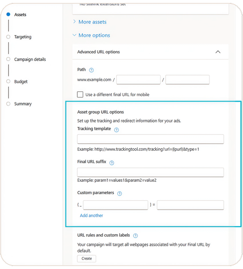 ```json
{
  "alt": "Screenshot of advanced URL options in a campaign setup, including tracking templates and custom parameters.",
  "caption": "Navigating digital campaigns can be tricky. Here's a look at advanced URL options, helping you track and optimize ad performance effortlessly.",
  "description": "This image is a screenshot highlighting advanced URL options within a campaign setup interface. It features sections for entering a path, using a different mobile URL, and setting up asset group URL options like tracking templates, final URL suffixes, and custom parameters. These elements are used to track and redirect information for ads effectively. The interface is clean and structured, aimed at enhancing user navigation and understanding in ad campaign management."
}
```