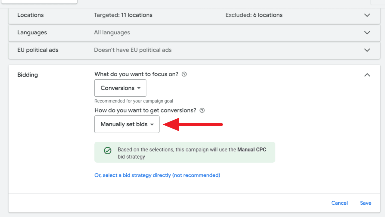 ```json
{
  "alt": "Google Ads bidding settings screen showing focus on conversions and manual bid setting option.",
  "caption": "Setting the stage for success: Choose to focus on conversions and manually set bids in your Google Ads campaign.",
  "description": "This image displays a Google Ads interface where the user is setting campaign focus on 'Conversions' with an option to 'Manually set bids'. An arrow highlights the manual bid section. Other options include locations targeted and language settings. The interface suggests using a manual CPC bid strategy based on these selections, offering flexibility in ad spending."
}
```