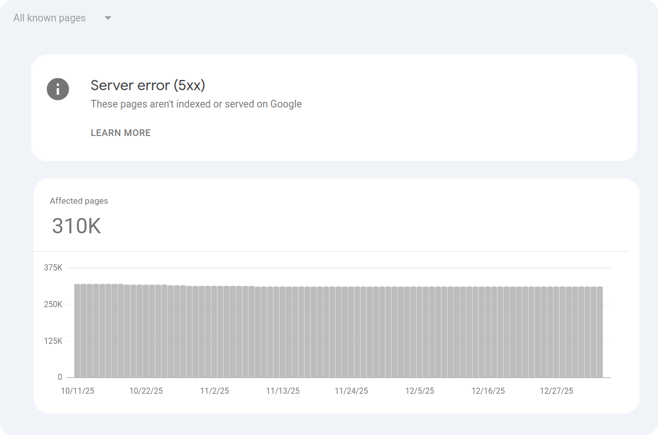 ```json
{
"alt": "Screenshot showing server error 5xx with 310K affected pages and a bar chart of data over a timeline.",
"caption": "A server error 5xx issue has impacted 310,000 pages, as highlighted in this analytical graph, challenging SEO efforts.",
"description": "This image displays a server error notification indicating a 5xx error with 310K affected pages, preventing indexing or serving on Google. Accompanied by a horizontal bar chart, it shows consistent data across a timeline from October to December 2025. This image highlights significant SEO challenges due to server issues, crucial for web administrators focusing on site performance and visibility optimization."
}
```