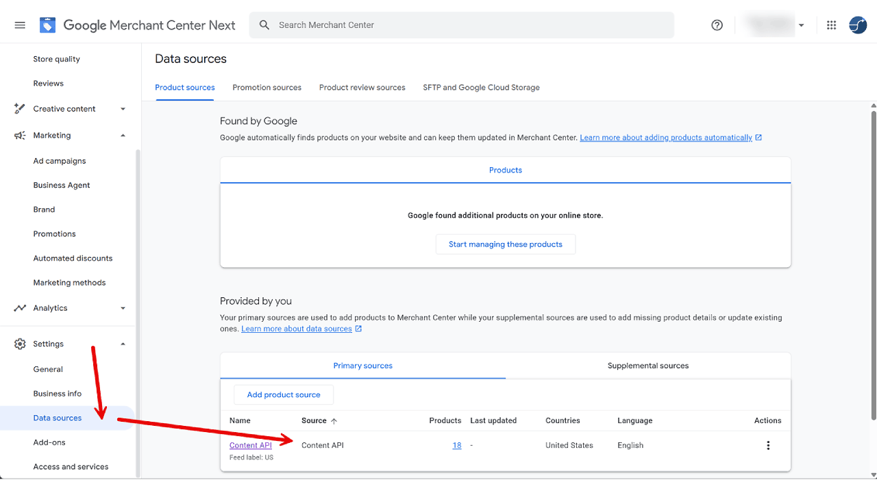 ```json
{
  "alt": "Google Merchant Center Data Sources page displaying product source information.",
  "caption": "Explore how Google Merchant Center automates product discovery and management with streamlined data sources.",
  "description": "The screenshot shows the Data Sources section in Google Merchant Center, highlighting both Google-found and user-provided product sources. The interface displays a primary source named 'Content API' with 18 products listed. On the left, various navigation options include Store Quality, Marketing, and Analytics. The page invites users to manage products that Google found on their online store. This overview helps businesses understand how to integrate product data efficiently. Keywords: Google Merchant Center, data sources, Content API, product management."
}
```
