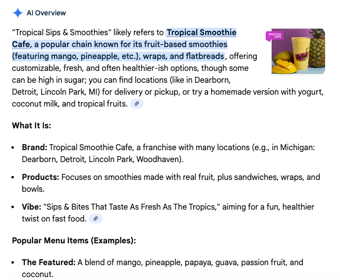 ```json
{
  "alt": "Text about Tropical Smoothie Cafe, highlighting their fruit-based smoothies, wraps, and flatbreads with an image of smoothies and fruit.",
  "caption": "Discover the tropical flavors of Tropical Smoothie Cafe, known for their vibrant fruit smoothies and tasty wraps. Perfect for a refreshing treat!",
  "description": "This image features descriptive text about Tropical Smoothie Cafe, a franchise renowned for its fruit-based smoothies, wraps, and flatbreads. Located in various cities, the cafe focuses on real fruit smoothies and offers a fun, fresh take on fast food with items like the mango-pineapple blend. A small image shows smoothies and fresh fruit, reinforcing the tropical theme and fresh offerings of the cafe."
}
```