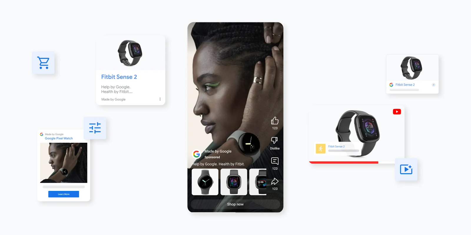 ```json
{
  "alt": "Collage featuring the Google Pixel Watch and Fitbit Sense 2 with various display cards and interactive elements.",
  "caption": "Discover seamless integration with Google Pixel Watch and Fitbit Sense 2. Explore features and styles that keep you connected and healthy, right at your fingertips.",
  "description": "The image showcases a collage of the Google Pixel Watch and Fitbit Sense 2, emphasizing their sleek design and advanced functionality. The central focus is a profile of a person interacting with the Google Pixel Watch, surrounded by smaller display cards of the Fitbit Sense 2. Interactive social media elements like likes and dislikes hint at user engagement. The arrangement suggests an interactive and user-friendly interface, highlighting features like health tracking and connectivity options. Keywords: Google Pixel Watch, Fitbit Sense 2, health tech, smartwatches."
}
```