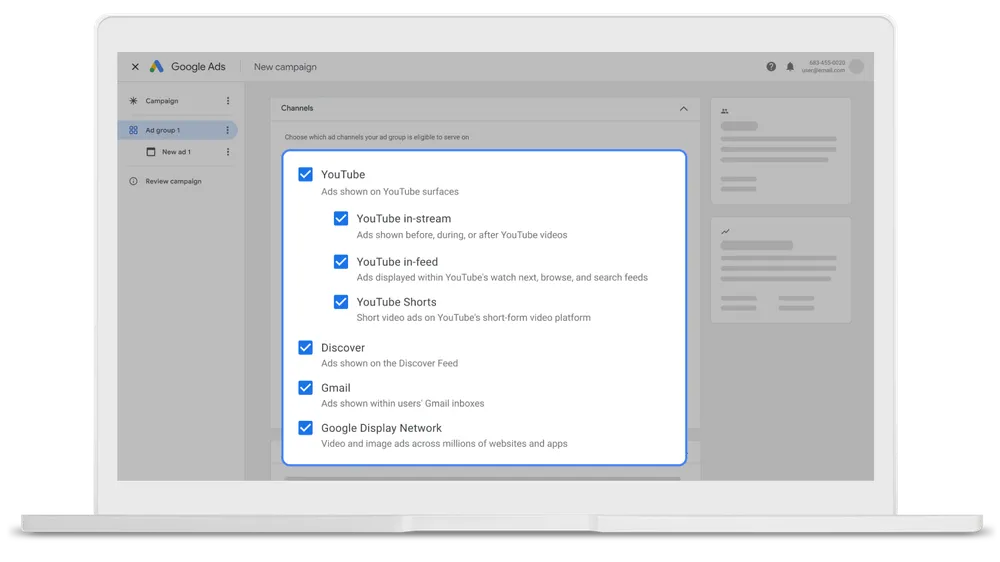 ```json
{
  "alt": "Google Ads campaign settings screen showing various ad channel options.",
  "caption": "Maximize your reach by choosing from various Google Ads channels like YouTube, Discover, and Gmail to tailor your advertising strategy.",
  "description": "This image displays a Google Ads campaign setup screen on a laptop. The interface allows users to select ad channels including YouTube, Discover, Gmail, and the Google Display Network. Each option is highlighted with checkboxes that can be selected to target specific audiences and surfaces. This setup enhances the versatility and reach of digital marketing campaigns, providing advertisers with the tools to optimize ad delivery across multiple Google platforms."
}
```