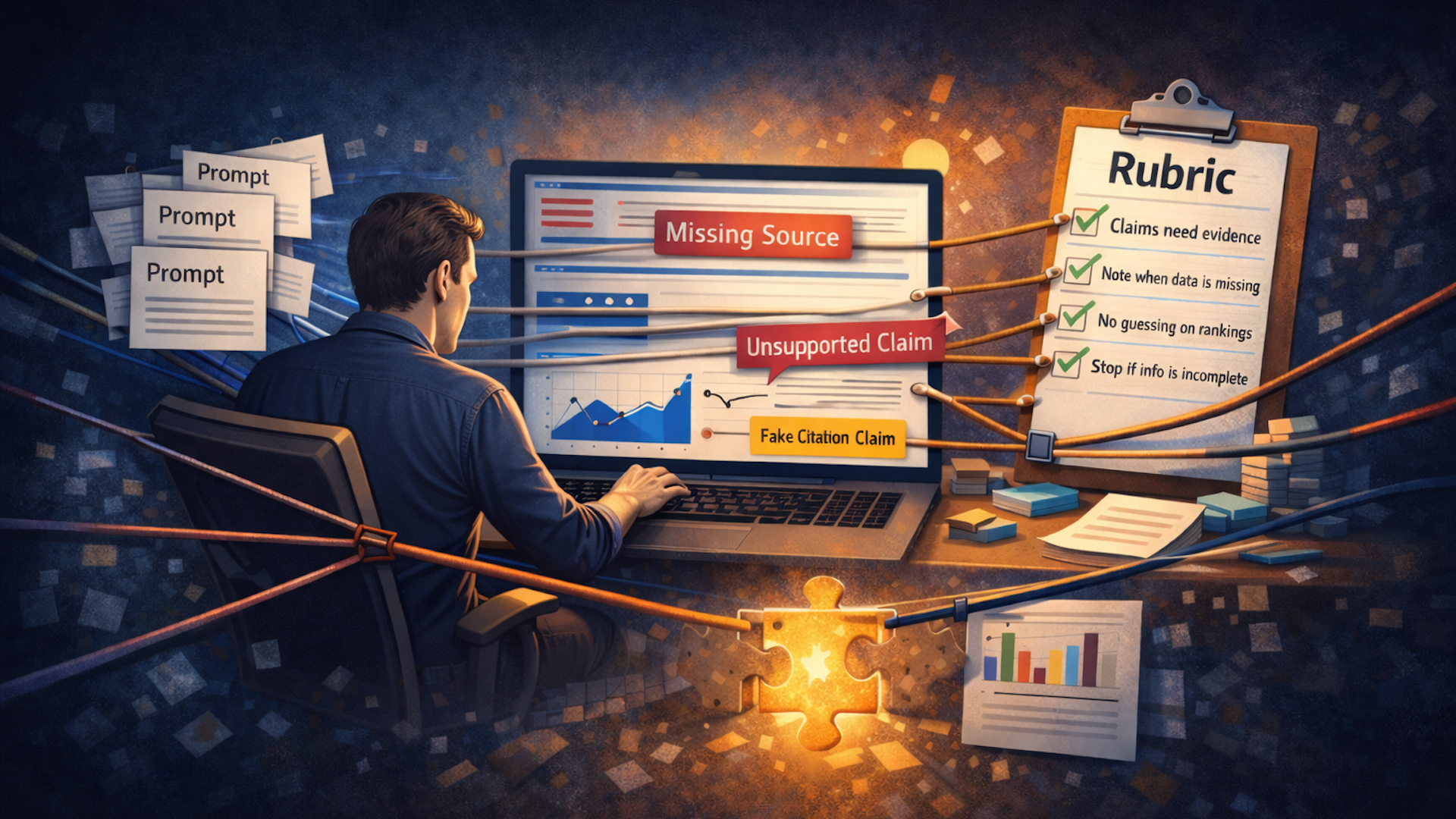 ```json
{
"alt": "Man at computer analyzing data with notes on missing sources and claims, alongside rubric for evidence and accuracy.",
"caption": "Diving deep into data analysis, this image highlights the importance of evidence and accuracy when dealing with claims and sources.",
"description": "An illustration of a man working on a computer, confronting issues like 'Missing Source' and 'Unsupported Claim' on the screen. Attached to his workstation are prompts and a rubric outlining criteria for claims needing evidence and noting when data is missing. Cables connect various puzzle pieces, symbolizing the complexity of data verification. Keywords: data analysis, evidence, accuracy, information verification."
}
```
